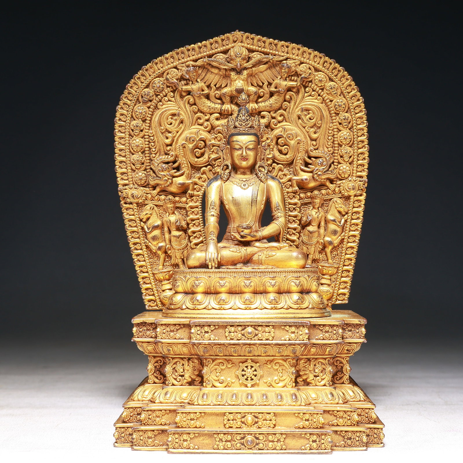 A Solemn Gilt Bronze Statue of Amitayus,With Inscription: A Solemn Gilt Bronze Statue of Amitayus,With Inscription,Qing Dynasty,China,Size:4.5inx3inx7.5in,Weight:1100g