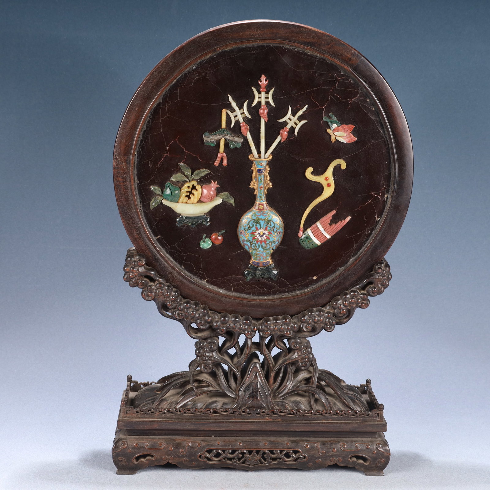 A Huge Zitanwood Inlaid Gems Landscape and Bogu Pattern Table Screen,Inlaid Gems (1 of 7)