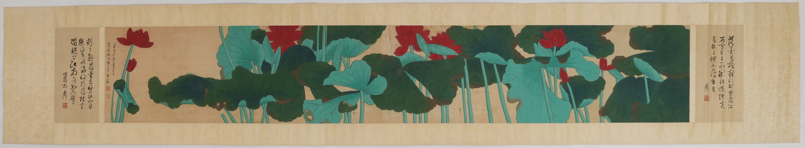 A Chinese Ink Painting of Lotus on Silk: A Chinese Ink Painting of Lotus on Silk,Zhang Daqian,Size:14.2inx103.1in 一幅中国水墨绢本荷花画,张大千