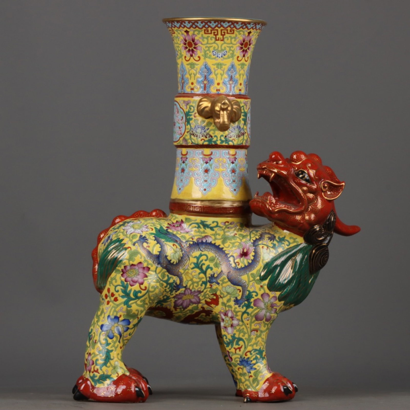 A Rare Enamel Gilt Lotus Pattern Kylin Ornament: A Rare Enamel Gilt Lotus Pattern Kylin Ornament,Qing Dynasty,China,Qianlong Four-character Mark,Size:14.8inx11.8in
