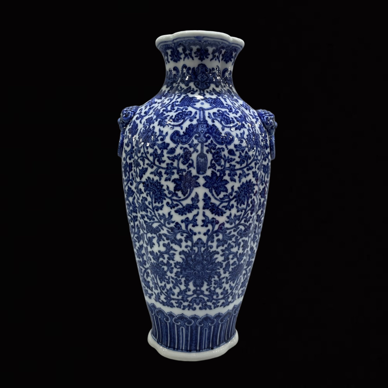 A Rare Blue and White Lotus Pattern Beast-Ears Vase: A Rare Blue and White Lotus Pattern Beast-Ears Vase,Qing Dynasty,China,Qianlong Six-character Mark,Size:14.2inx7.1in