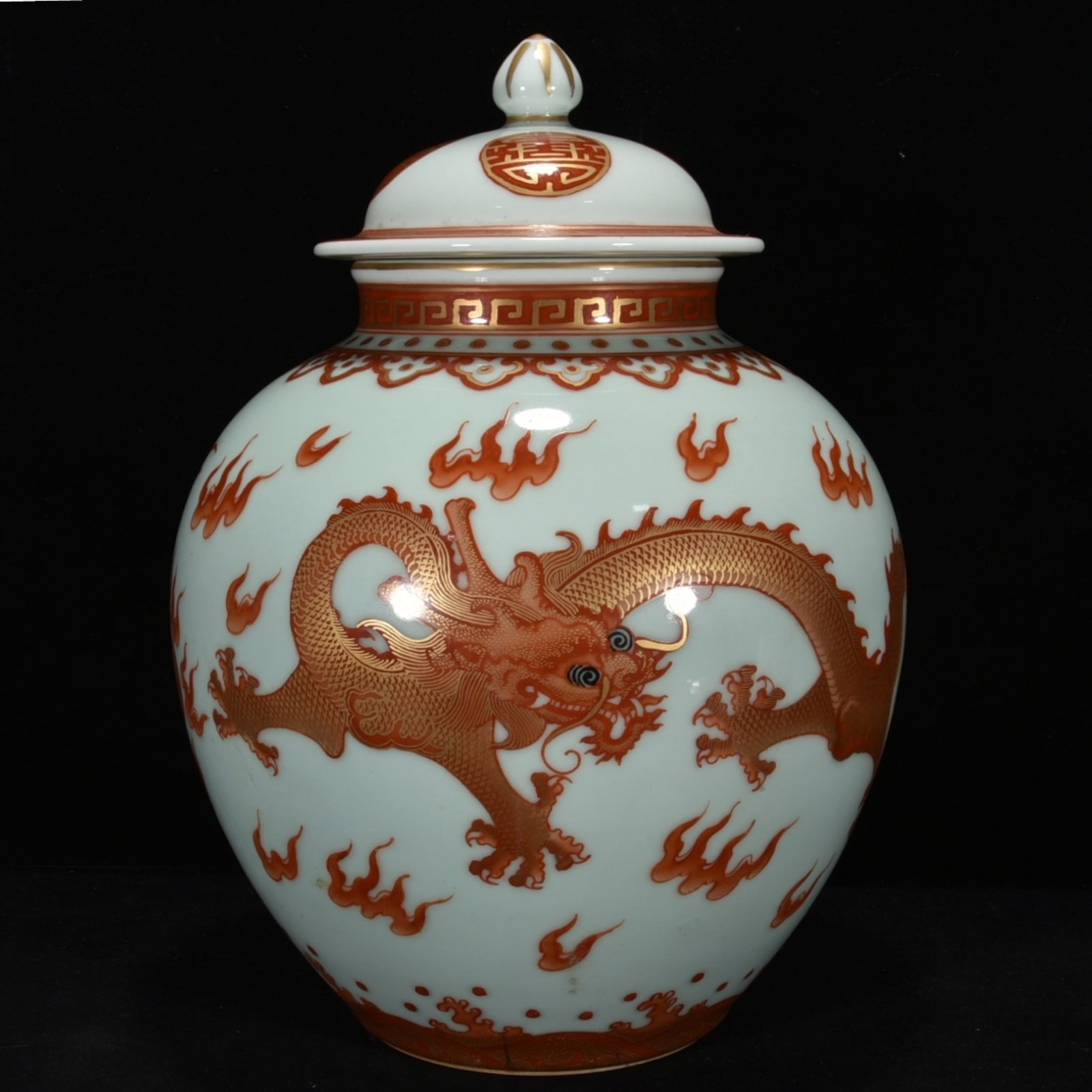 A Rare Celadon Glazed Painted Gold Auspicious Cloud and Dragon Pattern Jar with Cover (1 of 8)