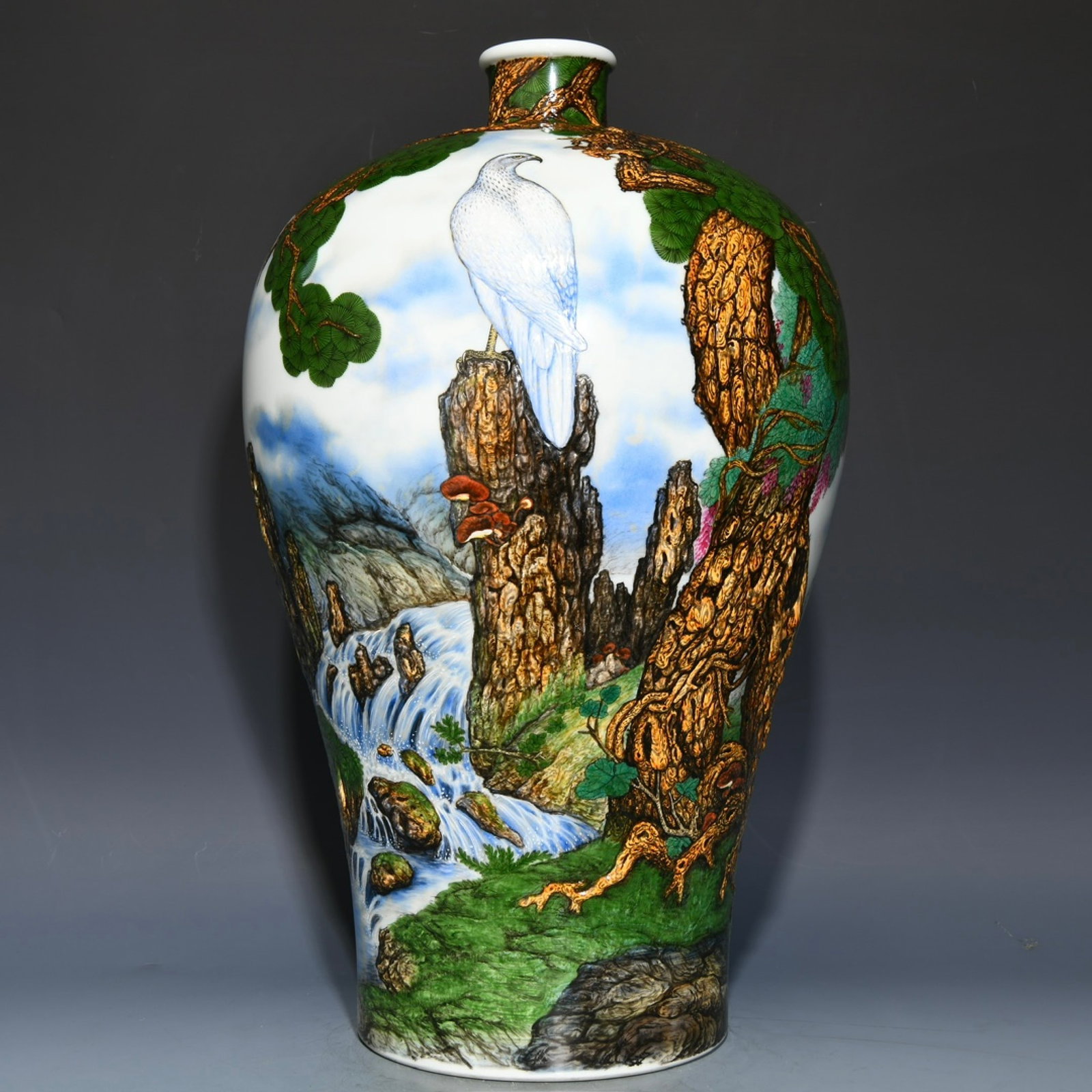 A Huge Enamel Pine and Eagle Pattern Vase,with poem: A Huge Enamel Pine and Eagle Pattern Vase,with poem,Qing Dynasty,China,Yongzheng Six-character Mark,Size:21.3inx13.4in