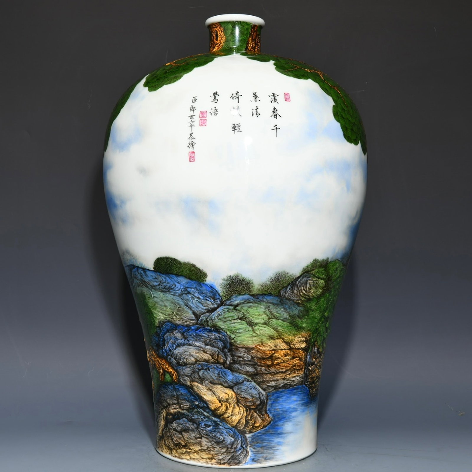 A Huge Enamel Pine and Eagle Pattern Vase,with poem - 3