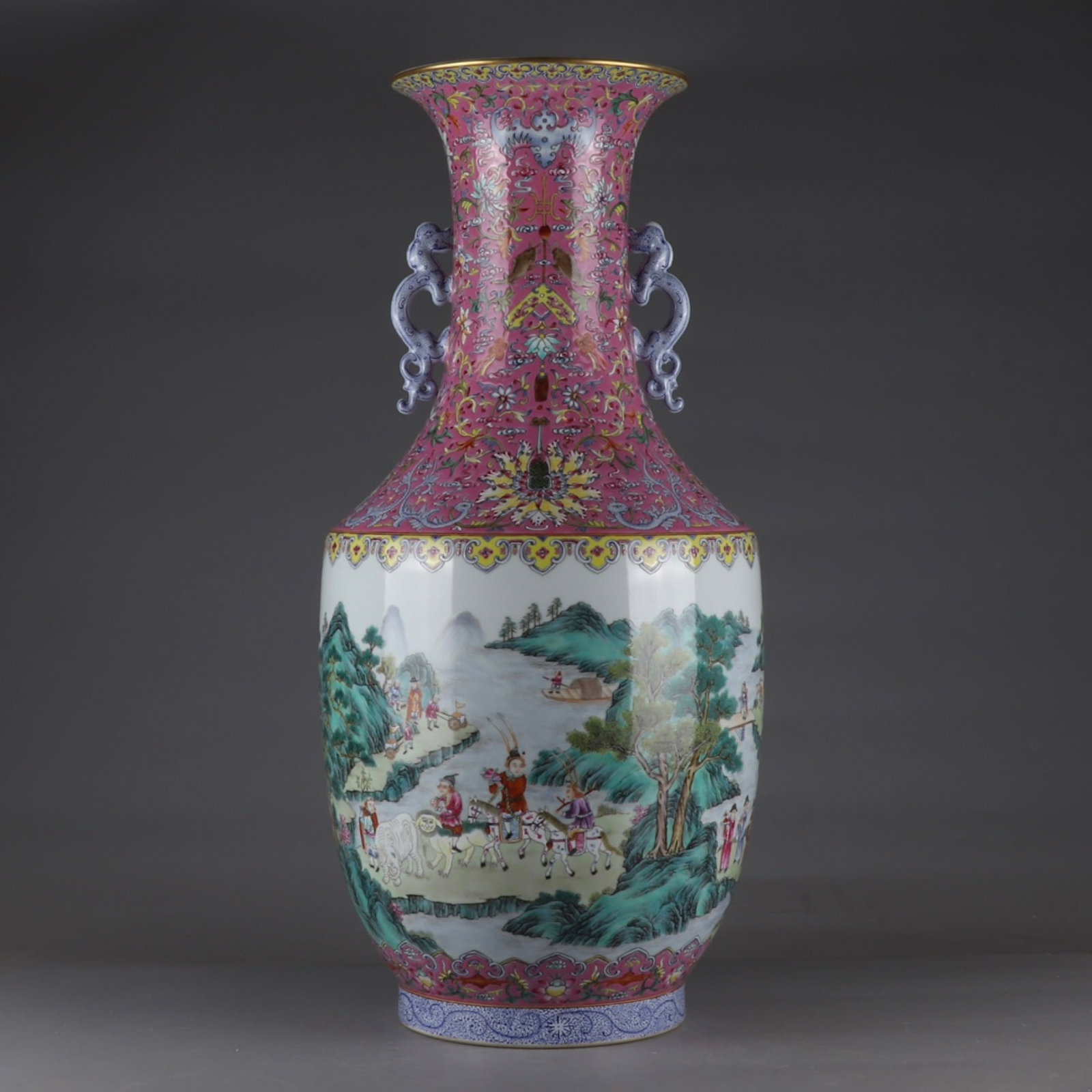 A Huge Famille-Rose Painted Gold Character and Story Pattern Double-Ears Vase: A Huge Famille-Rose Painted Gold Character and Story Pattern Double-Ears Vase,Qing Dynasty,China,Qianlong Six-character Mark,Size:24.6inx11.4in 粉彩描金人物故