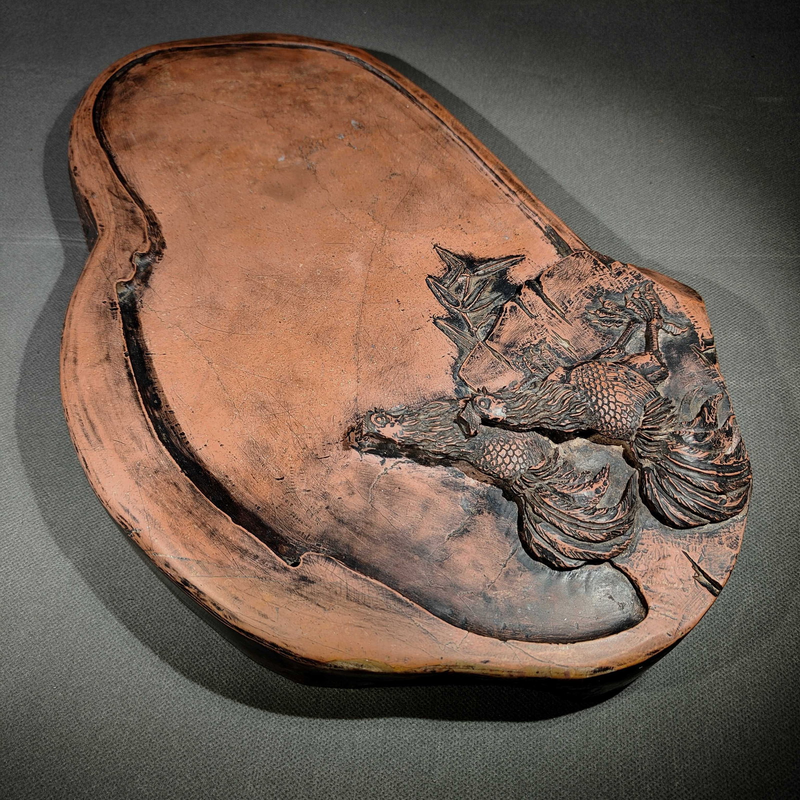 A Huge Rooster Pattern Inkstone,With Poem - 7
