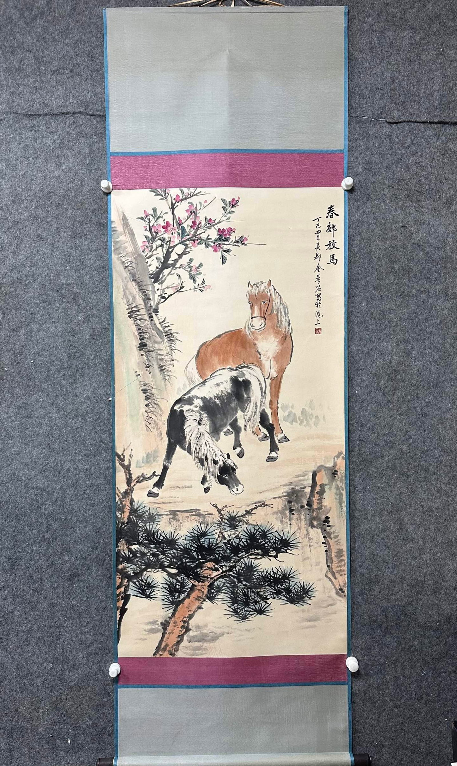 A Chinese Vertical Scroll Ink Painting of Horse on Paper: A Chinese Vertical Scroll Ink Painting of Horse on Paper,Jin Mengshi,Size:26.8inx53.9in