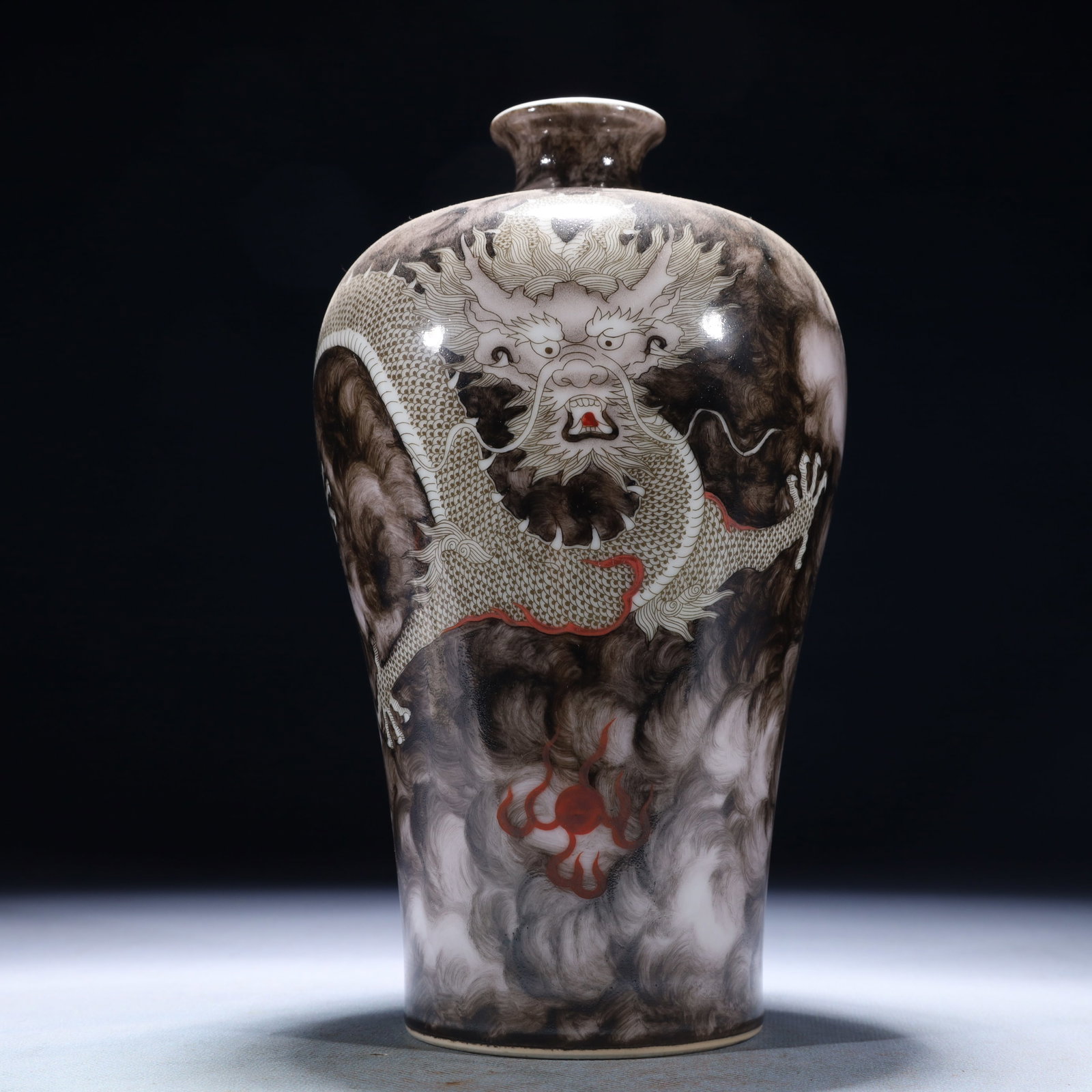 An Exquisite Ink Color Auspicious Cloud and Dragon Pattern Vase: An Exquisite Ink Color Auspicious Cloud and Dragon Pattern Vase,Qing Dynasty,China,Qianlong Six-character Mark,Size:4.7inx9.1in,Weight:800g 墨彩祥云龙纹瓶,