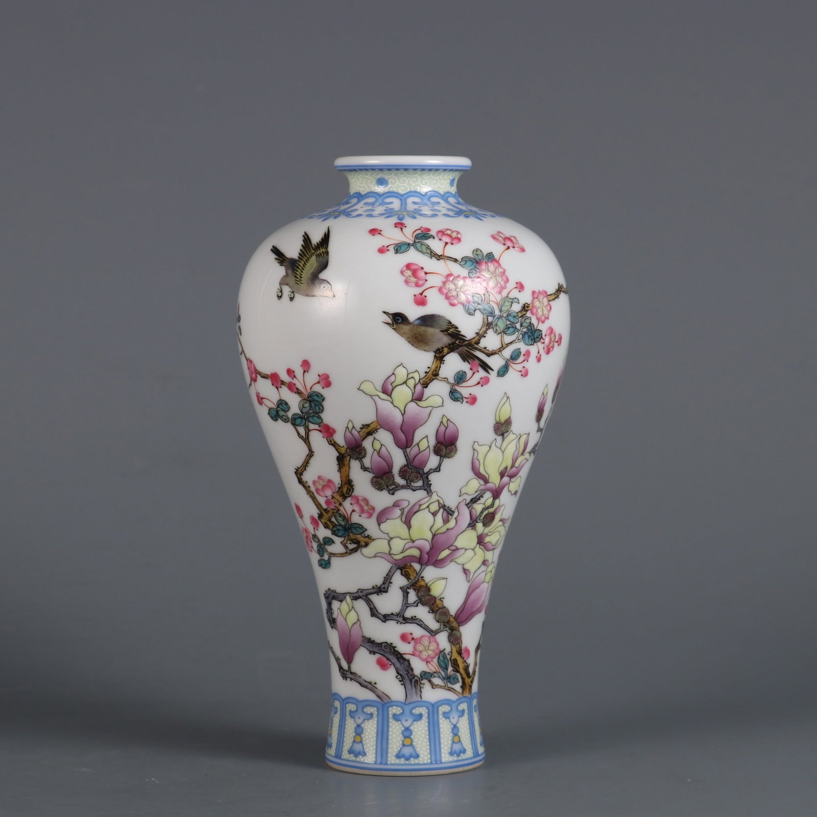 An Exquisite Enamel Flower and Bird Pattern Vase,with poem: An Exquisite Enamel Flower and Bird Pattern Vase,with poem,Qing Dynasty,China,Yongzheng Four-character Mark,Size:6.1inx3.1in 珐琅彩花鸟纹瓶,带诗&#
