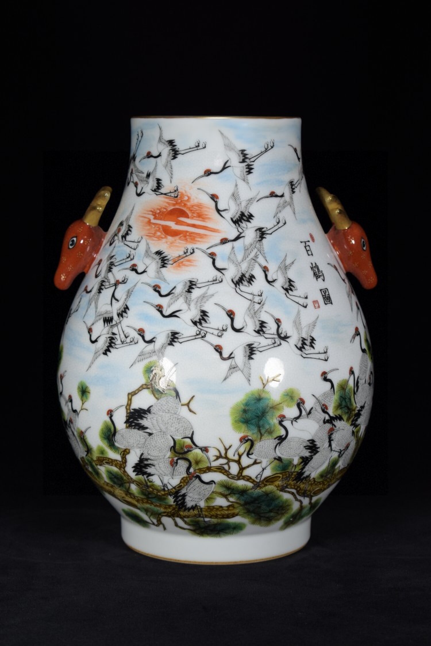 A Rare Enamel Gilt Pine and Crane Pattern Deer-Ears Vase: A Rare Enamel Gilt Pine and Crane Pattern Deer-Ears Vase,Qing Dynasty,China,Qianlong Six-character Mark,Size:13inx9.4in