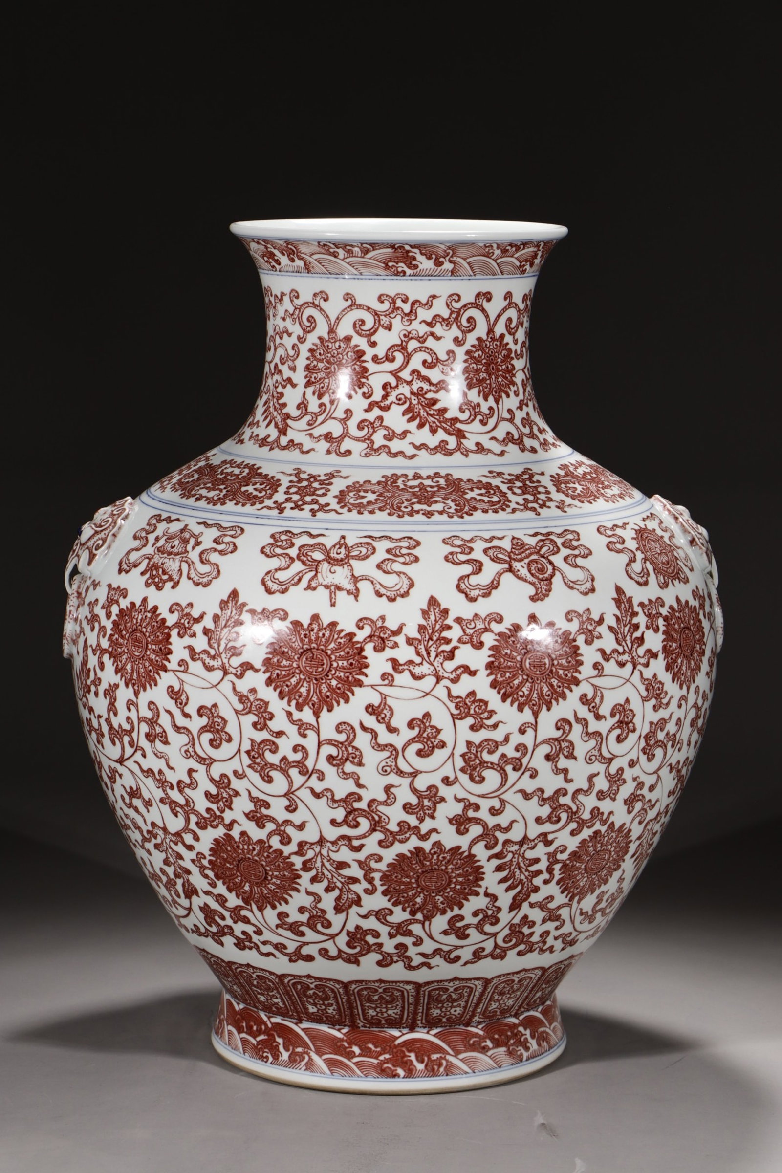 A Huge Underglaze-Red Lotus and Eight Treasures Pattern Beast-Ears Vase: A Huge Underglaze-Red Lotus and Eight Treasures Pattern Beast-Ears Vase,Qing Dynasty,China,Qianlong Six-character Mark,Size:19.3in 釉里红缠枝莲八宝ń