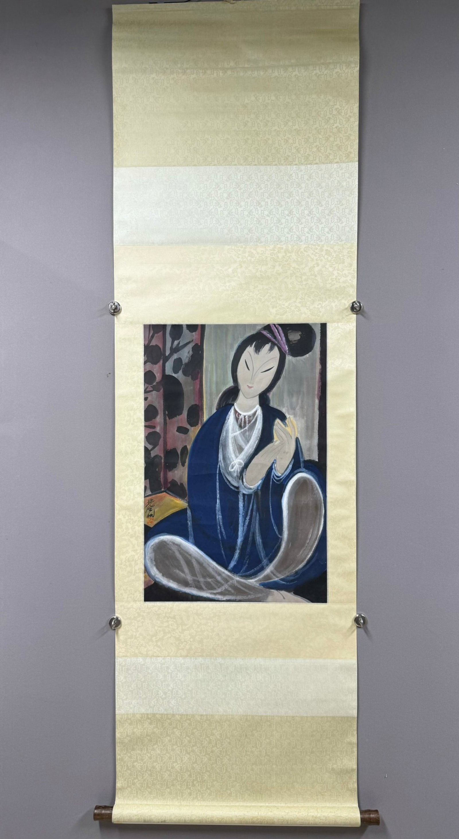 A Chinese Vertical Scroll Ink Painting of Figure on Paper: A Chinese Vertical Scroll Ink Painting of Figure on Paper,Lin Fengmian,Size:26.8inx17.7in 一幅中国水墨人物画立轴,林风İ