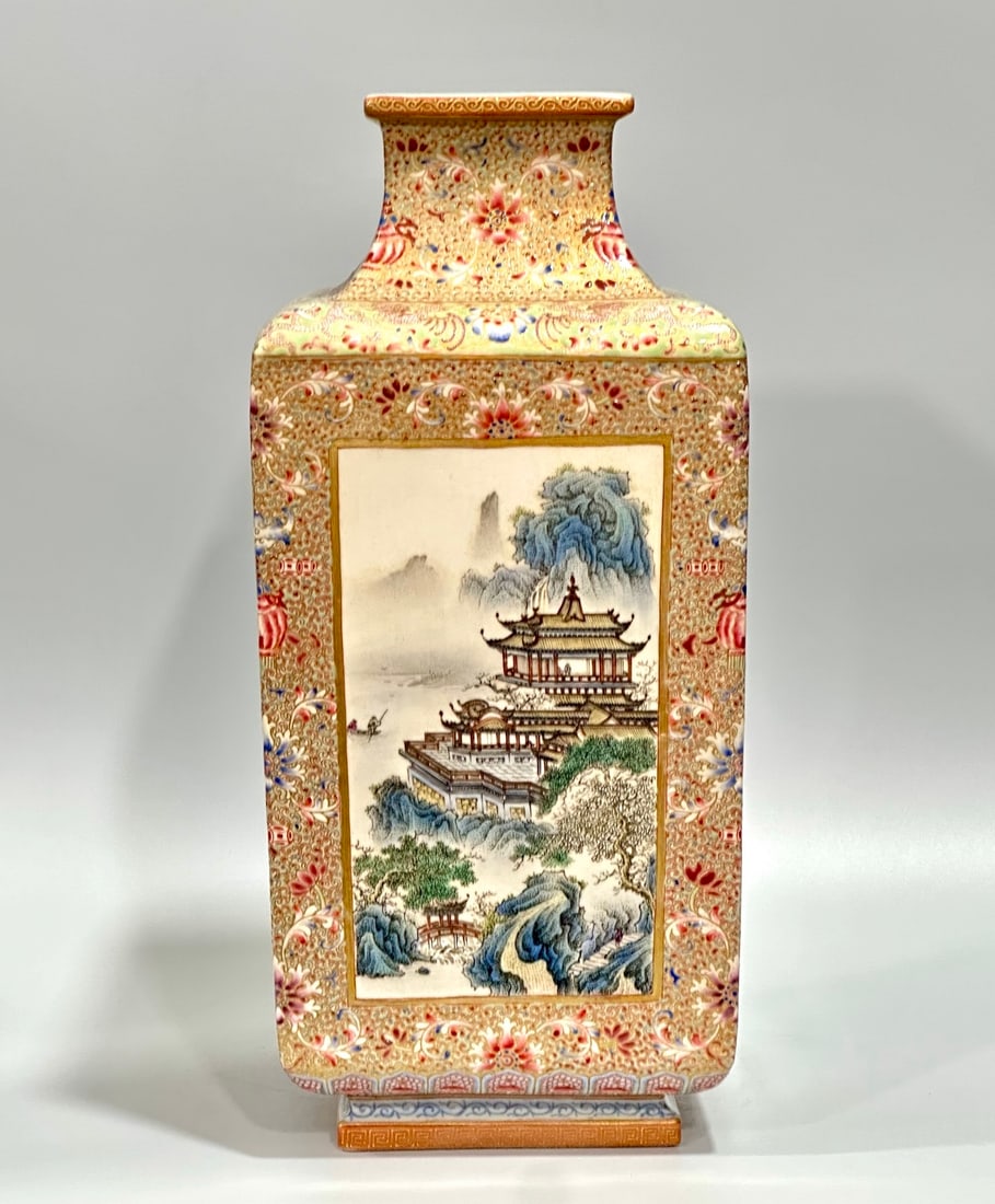 A Rare Enamel Painted Gold Landscape and Figure Pattern Vase: A Rare Enamel Painted Gold Landscape and Figure Pattern Vase,Qing Dynasty,China,Qianlong Four-character Mark,Size:12.4inx5.5in