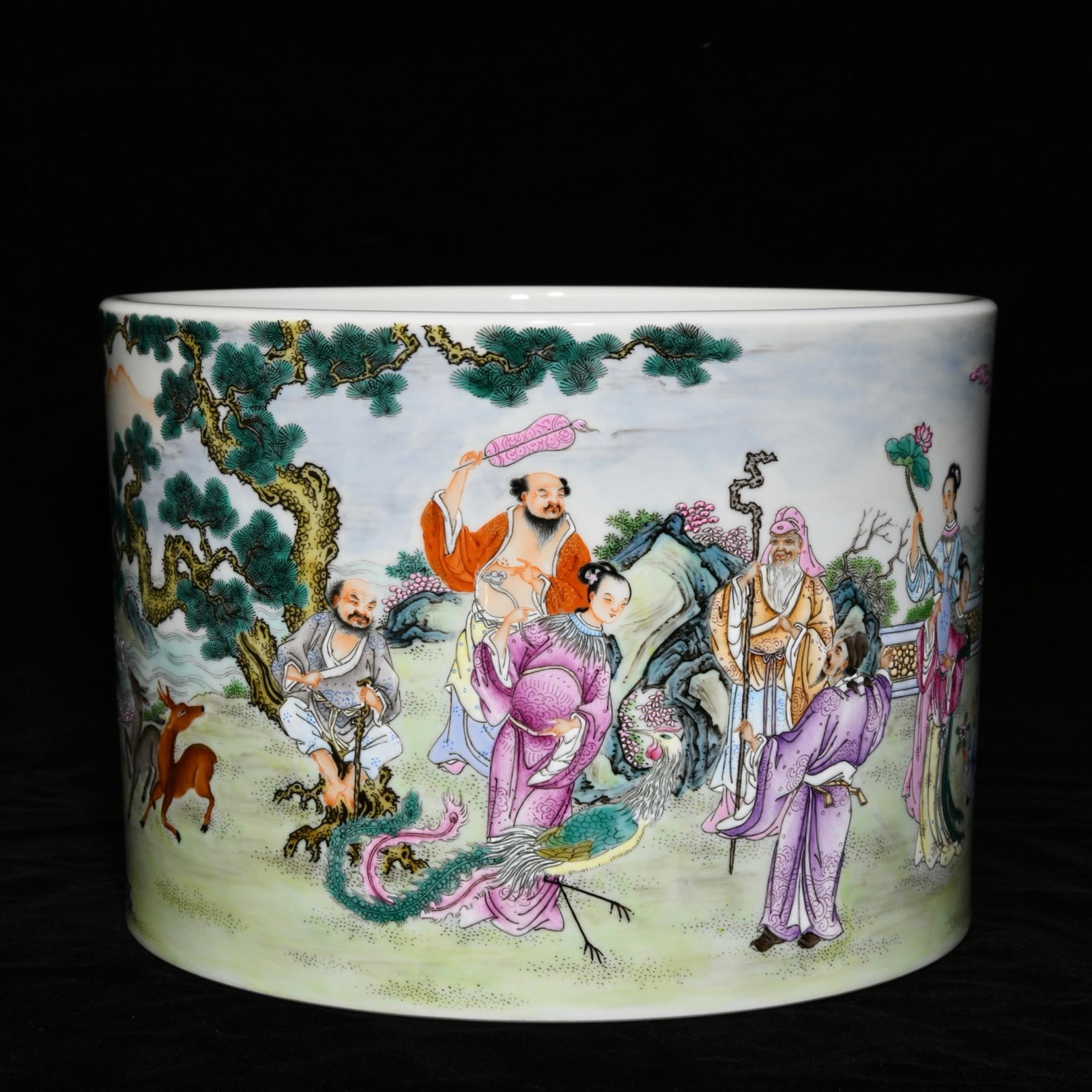 An Exquisite Famille-Rose Character and Story Pattern Brush Pot,with poem: An Exquisite Famille-Rose Character and Story Pattern Brush Pot,with poem,Qing Dynasty,China,Yongzheng Six-character Mark,Size:7.6inx10.7in
