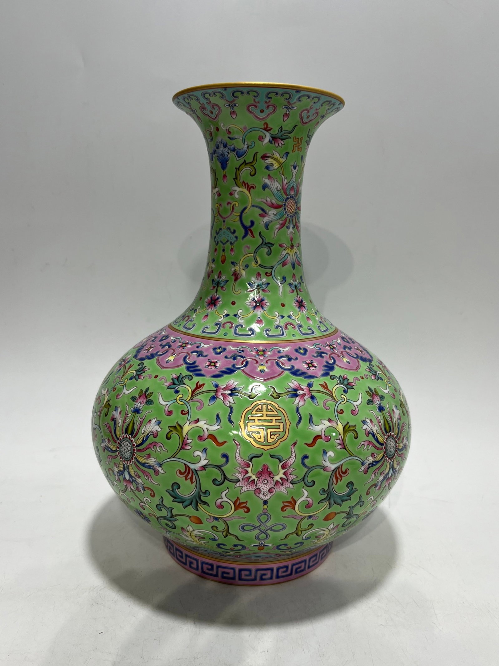 A Rare Famille-Rose Green Ground Painted Gold Lotus Pattern Vase: A Rare Famille-Rose Green Ground Painted Gold Lotus Pattern Vase,Qing Dynasty,China,Qianlong Six-character Mark,Size:12in
