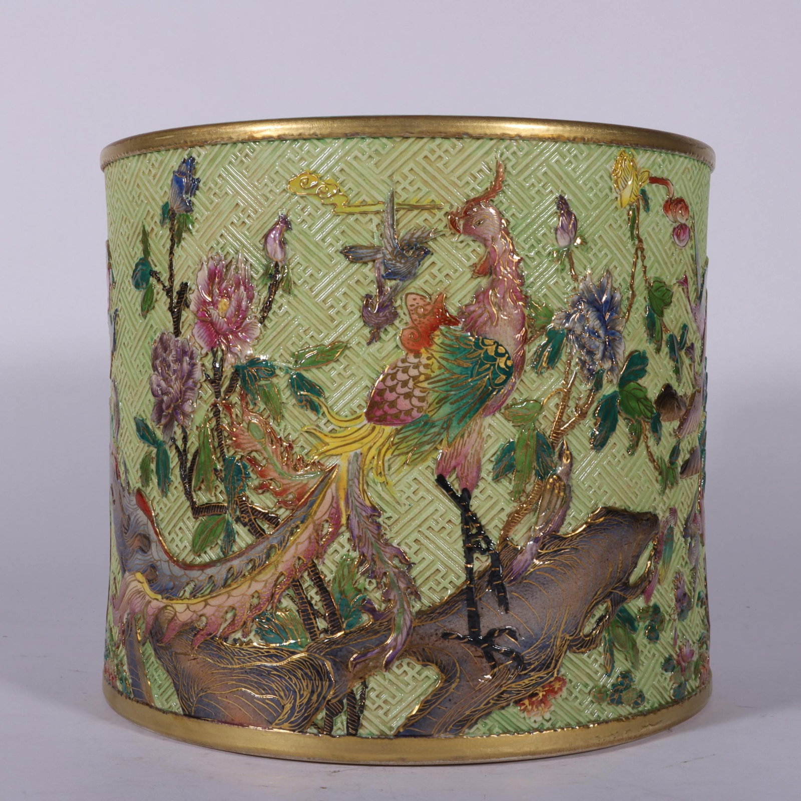 An Exquisite Enamel Painted Gold Flower and Phoenix Pattern Brush Pot: An Exquisite Enamel Painted Gold Flower and Phoenix Pattern Brush Pot,Qing Dynasty,China,Qianlong Six-character Mark,Size:7.2inx8.2in