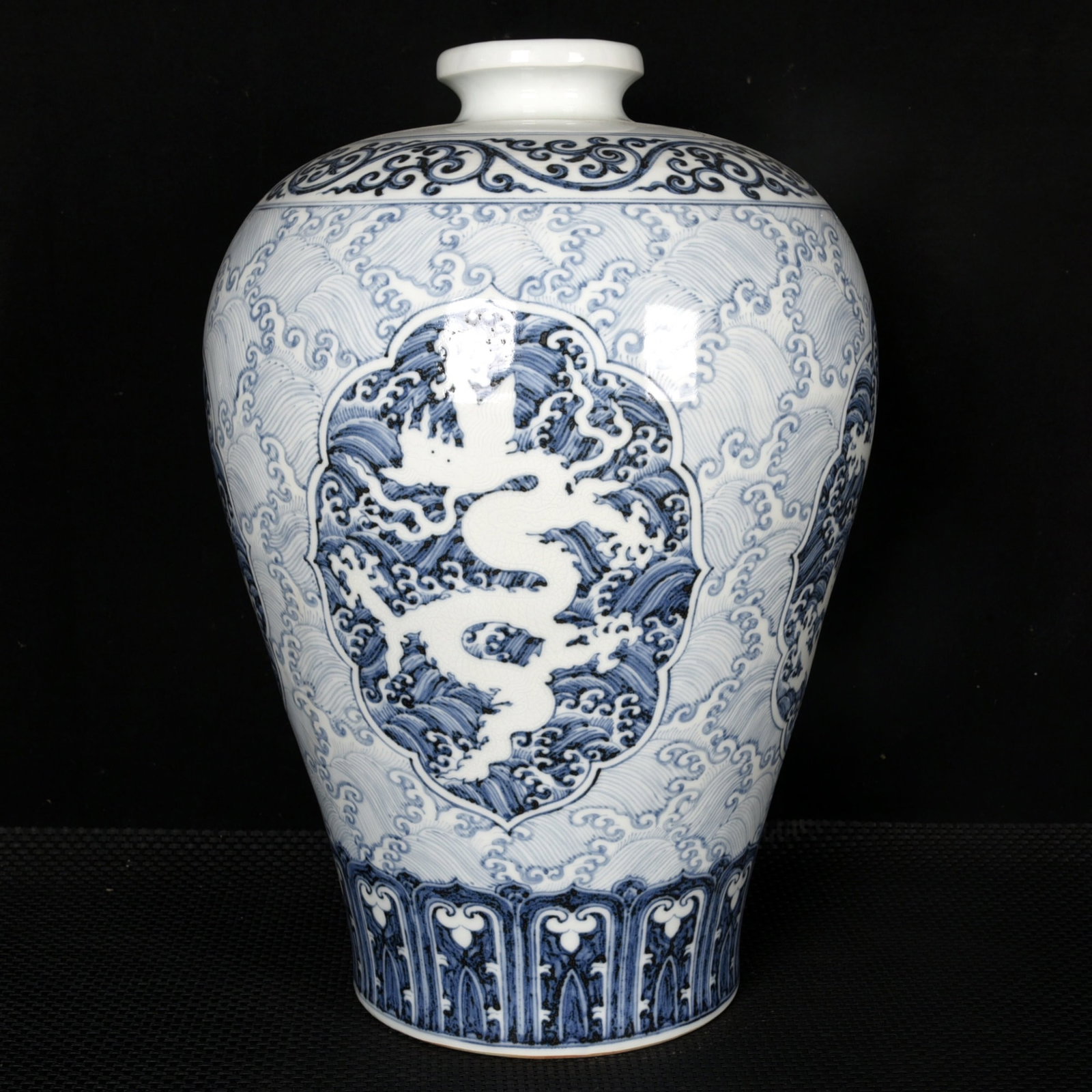 A Huge Blue and White Seawater and Dragon Pattern Vase: A Huge Blue and White Seawater and Dragon Pattern Vase,Ming Dynasty,China,Yongle Four-character Mark,Size:15.7inx11in