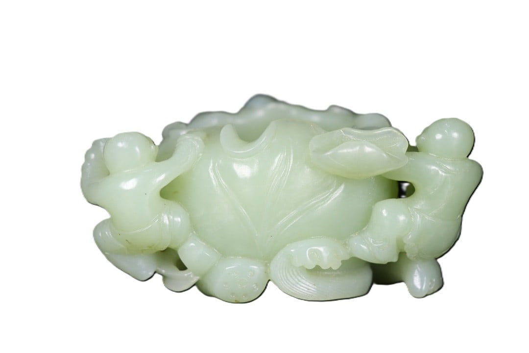 An Exquisite Greenish Jade Figure Brush Washer (1 of 9)