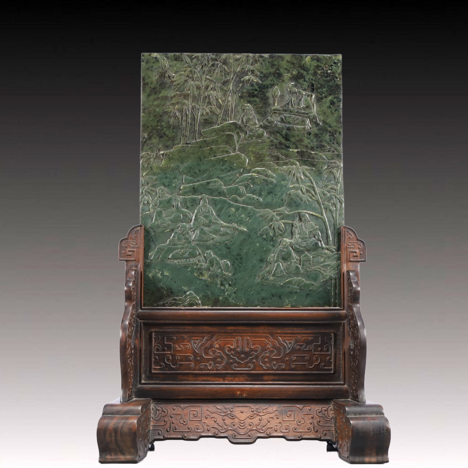 A Rare Zitanwood Inlaid Jasper Painted Gold Landscape and Figure Pattern Table Screen (1 of 11)