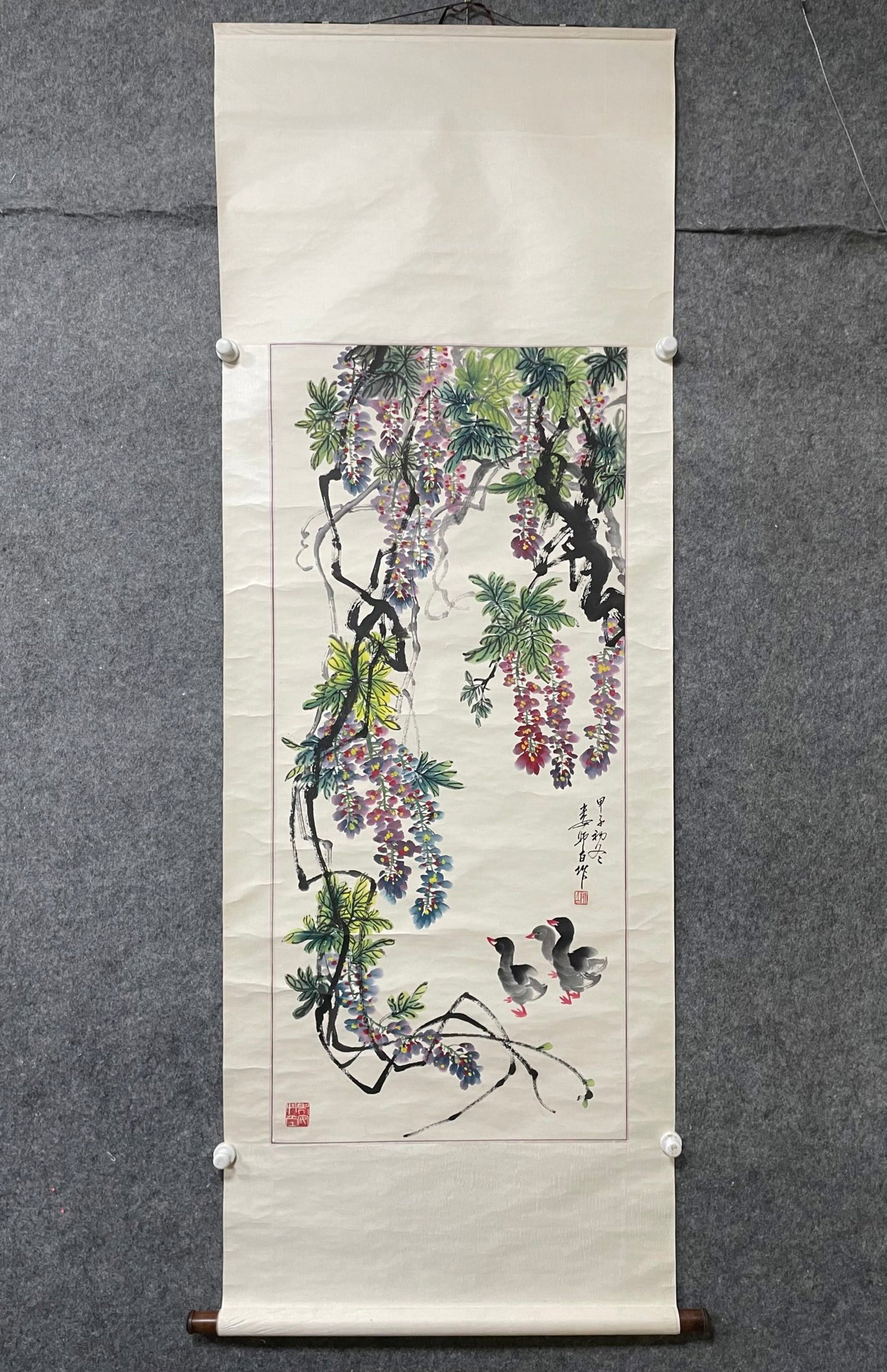 A Chinese Vertical Scroll Ink Painting of Flower on Paper (1 of 9)