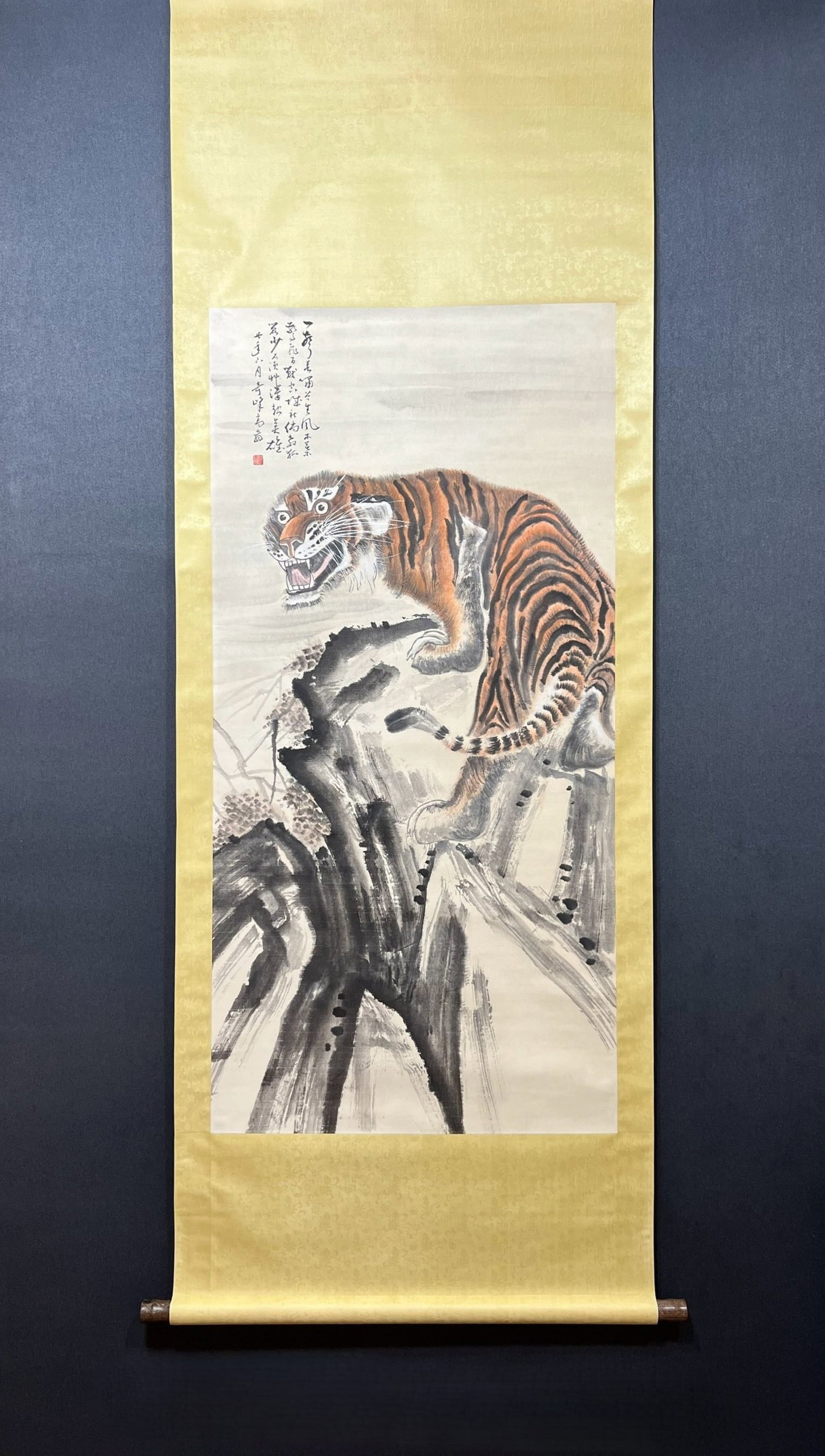 A Chinese Vertical Scroll Ink Painting of Tiger on Paper: A Chinese Vertical Scroll Ink Painting of Tiger on Paper,Sun Qifeng,Size:26.4inx53.9in 一幅中国水墨虎画立轴,孙奇峰