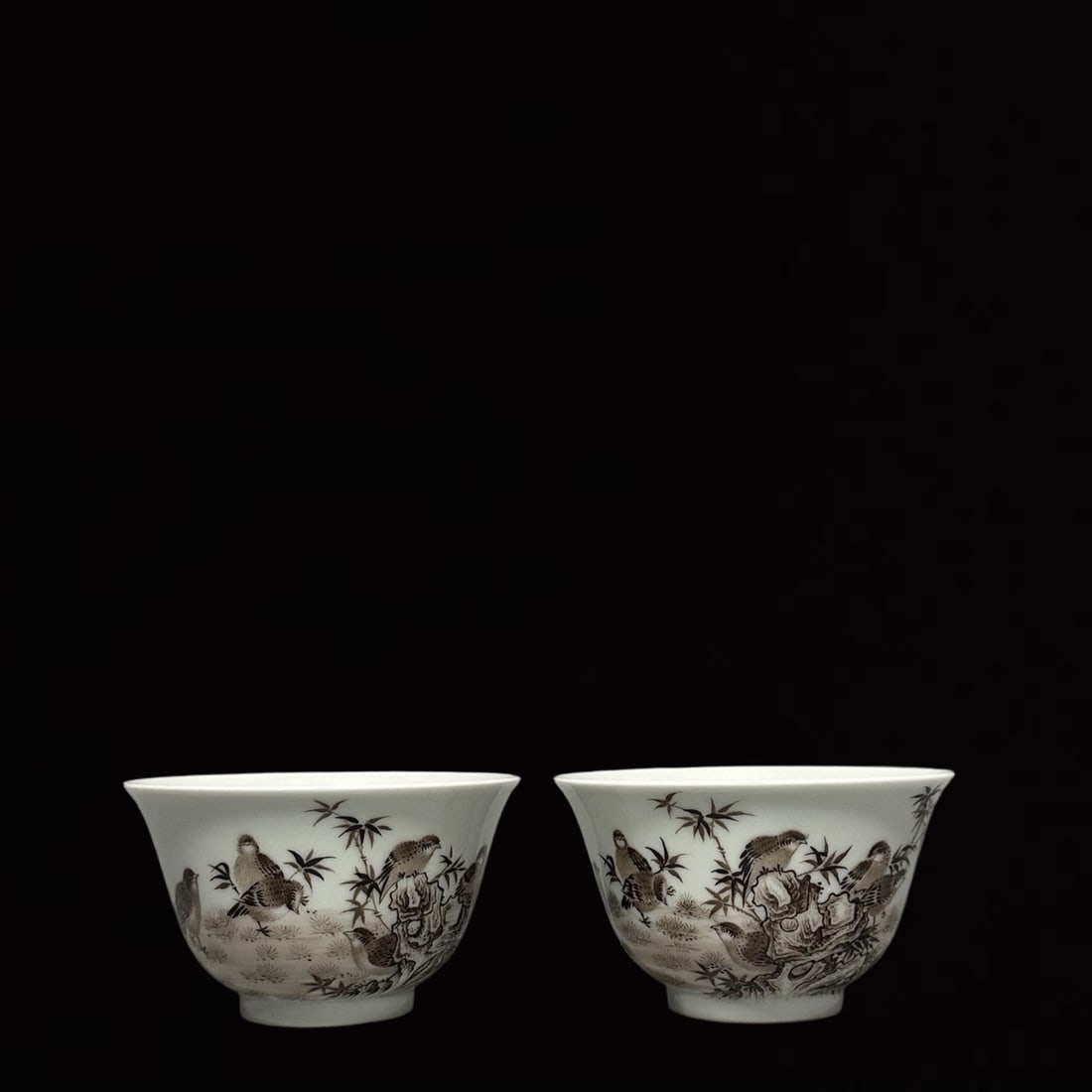 A Pair of Exquisite Ink Color Flower and Bird Pattern Cups,with poem: A Pair of Exquisite Ink Color Flower and Bird Pattern Cups,with poem,Qing Dynasty,China,Yongzheng Four-character Mark,Size:2.1inx3.6in
