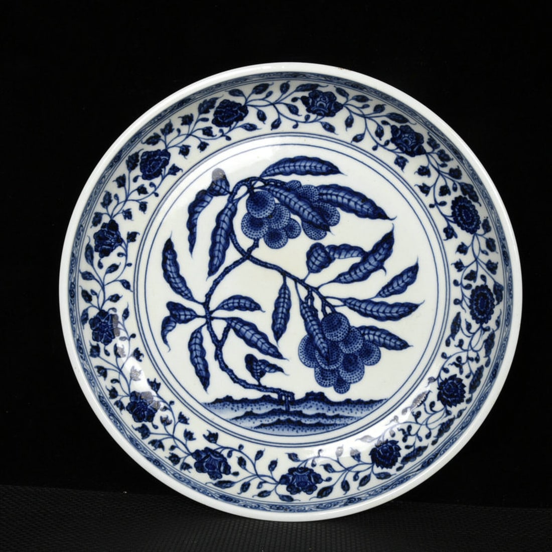 A Huge Blue and White Lotus and Litchi Pattern Plate: A Huge Blue and White Lotus and Litchi Pattern Plate,Ming Dynasty,China,Xuande Six-character Mark,Size:2.4inx16in