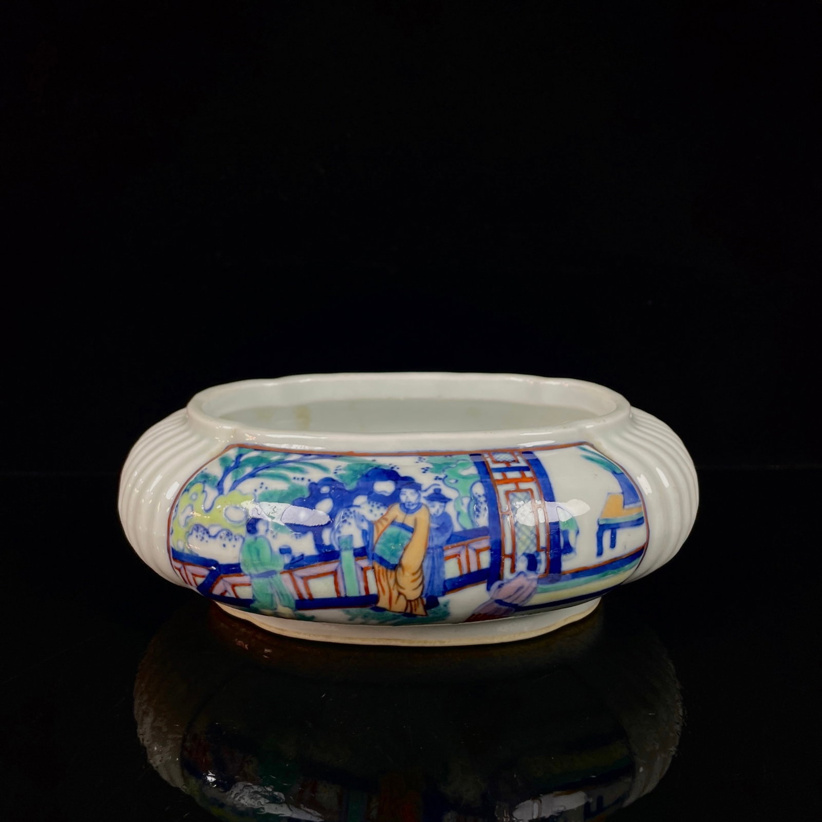 An Exquisite Wucai Character and Story Pattern Brush Washer: An Exquisite Wucai Character and Story Pattern Brush Washer,Qing Dynasty,China,Kangxi Six-character Mark,Size:7.1inx5.5inx2.4in 五彩人物故事纹笔洗