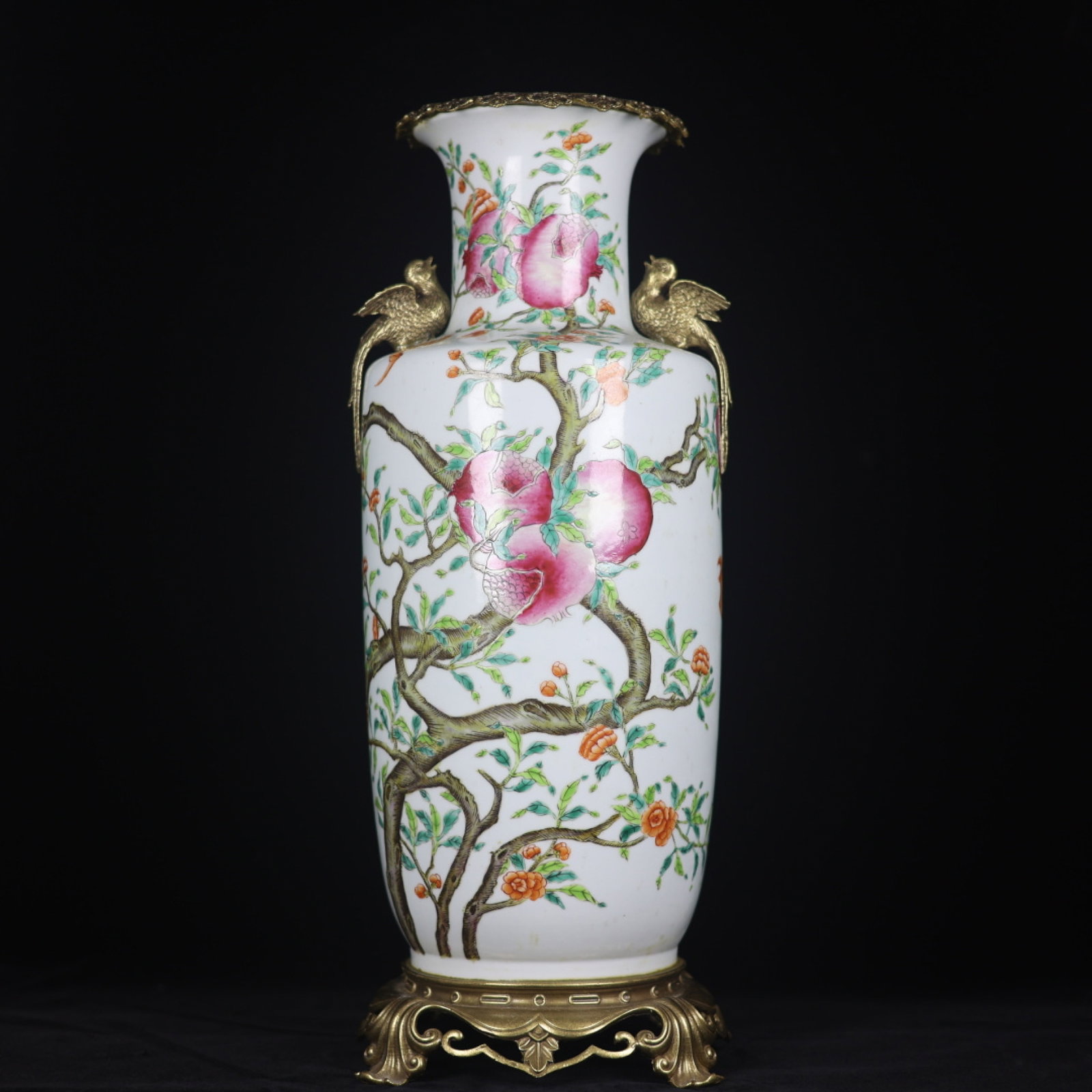 A Huge Famille-Rose Inlaid Bronze Bats Pomegranate Pattern Bird-Ears Vase: A Huge Famille-Rose Inlaid Bronze Bats Pomegranate Pattern Bird-Ears Vase,Qing Dynasty,China,Qianlong Six-character Mark,Size:20.1inx6.3inx7.9inx7.9in