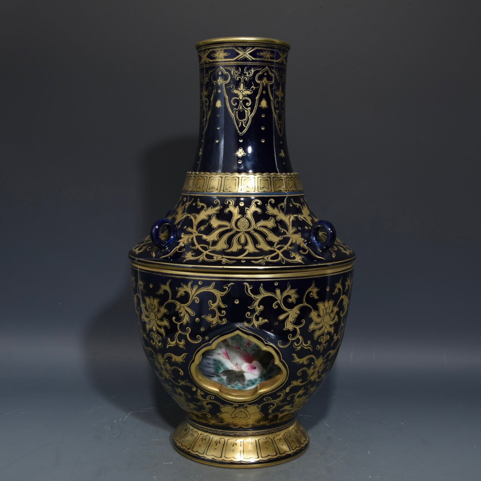 A Rare Ji Blue Glazed Painted Gold Lotus Pattern Vase (1 of 9)