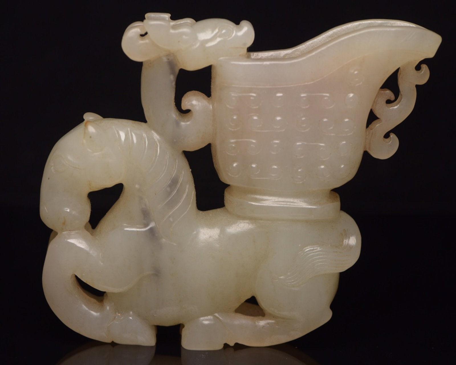 An Exquisite White Jade Horse Cup: An Exquisite White Jade Horse Cup,Qing Dynasty,China,Size:3.7inx3inx0.7in,Weight:166g 白玉骏马杯子,中国清代