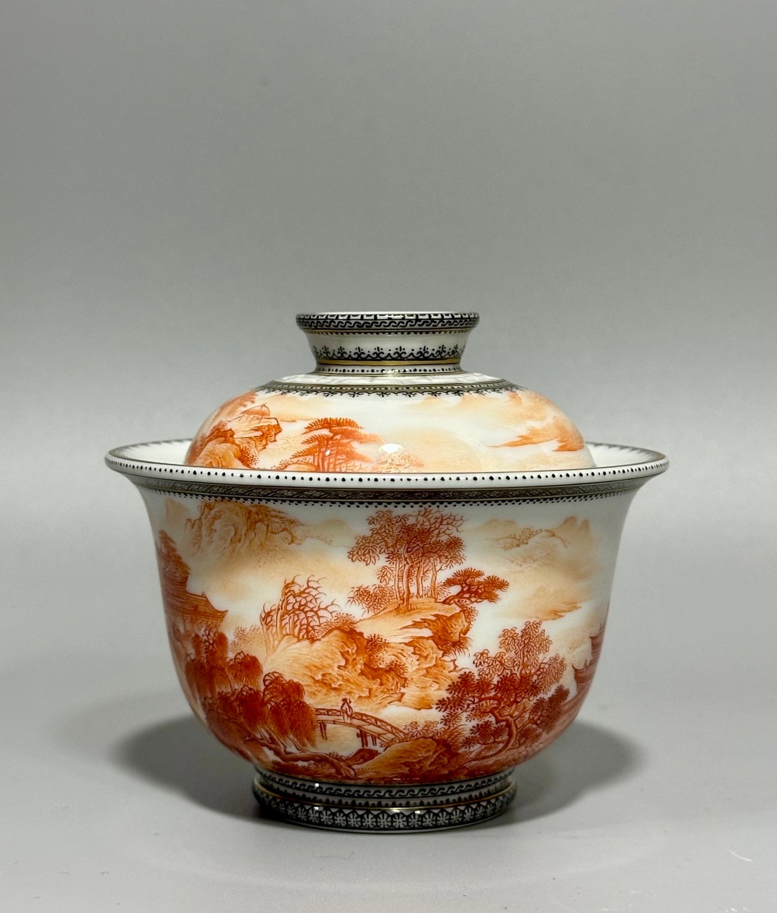 An Exquisite Iron-Red Landscape and Figure Pattern Bowl with Cover,with poem: An Exquisite Iron-Red Landscape and Figure Pattern Bowl with Cover,with poem,Qing Dynasty,China,Qianlong Four-character Mark,Size:3.1inx3.7in