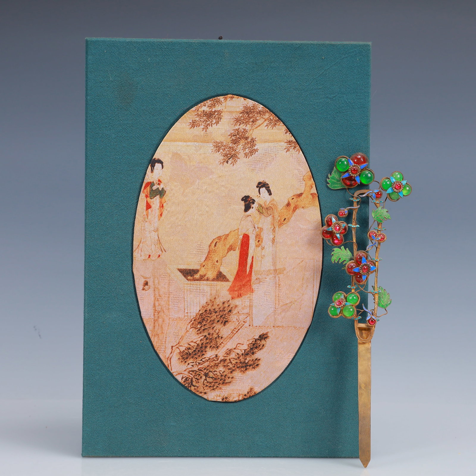 An Exquisite Gilt Bronze Inlaid Gems Flower Pattern Hairpin: An Exquisite Gilt Bronze Inlaid Gems Flower Pattern Hairpin,Qing Dynasty, China,Size:9.4inx2.8in,(Box)12.6inx8.7inx3.9in,Weight:57g 铜鎏金嵌宝石花卉 