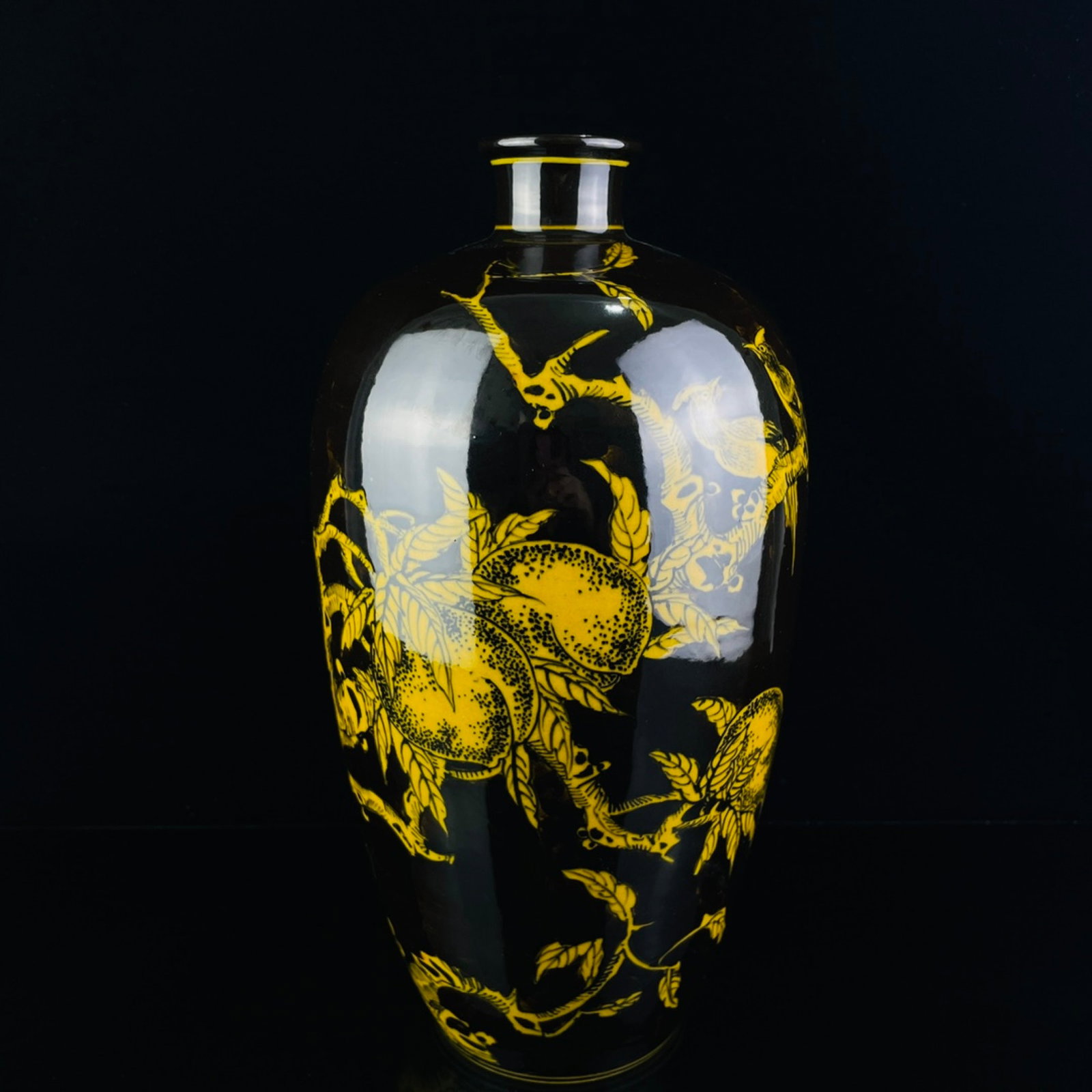 A Rare Black Ground Yellow Glazed Peach Pattern Vase: A Rare Black Ground Yellow Glazed Peach Pattern Vase,Qing Dynasty,China,With Mark,Size:13inx7.1in