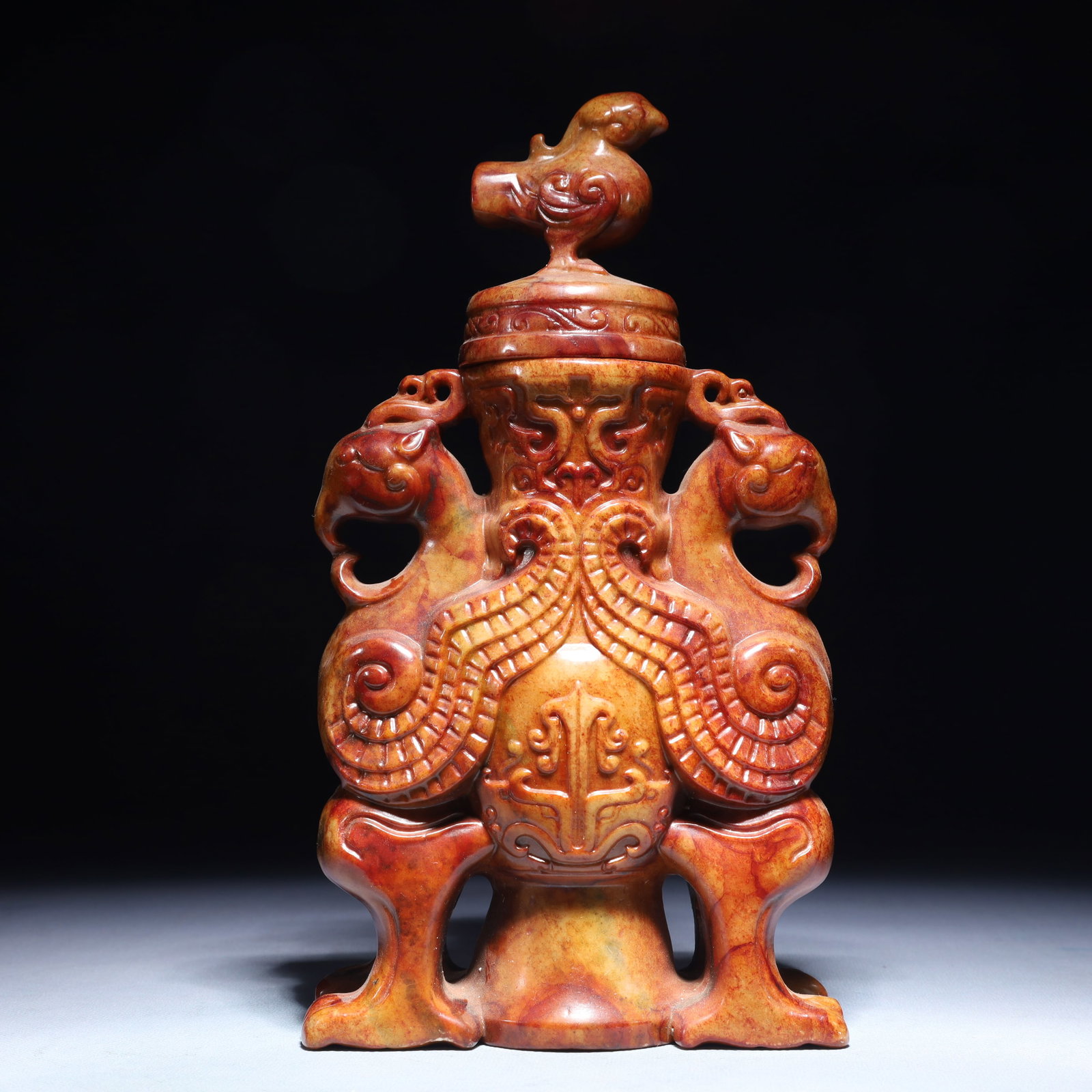 An Exquisite Archaic Jade Beast-Face Pattern Phoenix-Ears Bottle: An Exquisite Archaic Jade Beast-Face Pattern Phoenix-Ears Bottle,Ancient Time,China,Size:5.5inx2.6inx9.8in,Weight:2350g