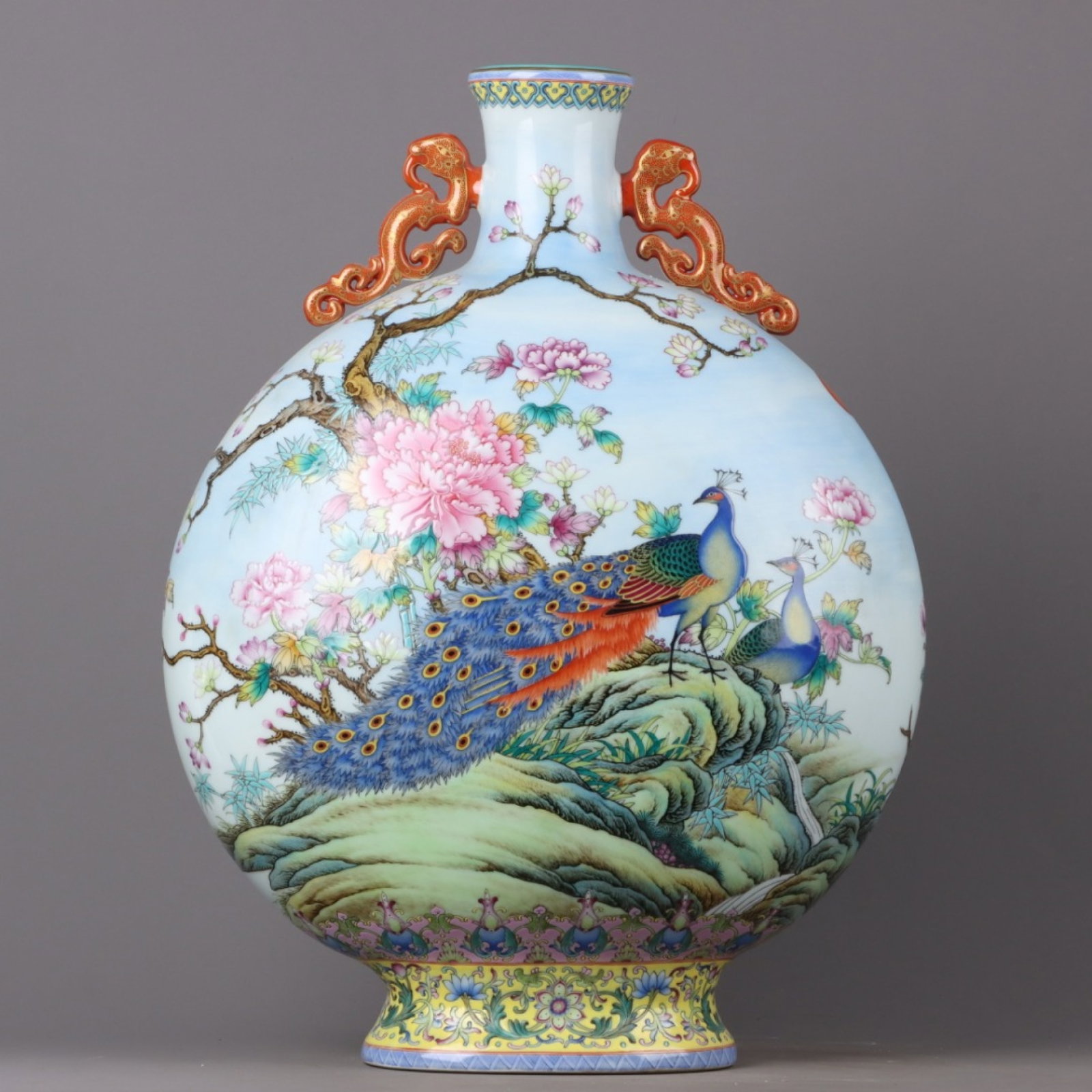 A Huge Enamel Painted Gold Flower and Peacock Pattern Double-Ears Vase,with poem: A Huge Enamel Painted Gold Flower and Peacock Pattern Double-Ears Vase,with poem,Qing Dynasty,China,Qianlong Six-character Mark,Size:19.7inx14.6in
