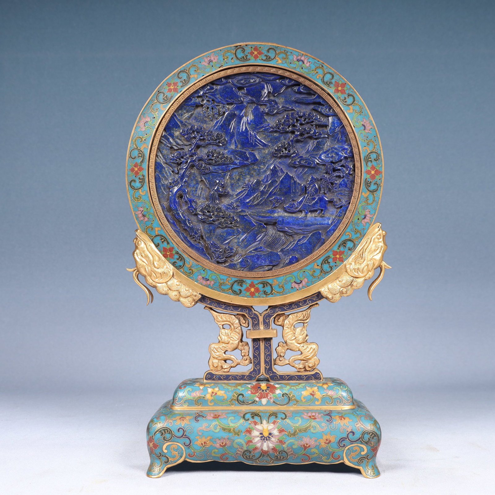 A Rare Cloisonne Inlaid Lapis Lazuli Landscape,Auspicious Cloud and Dragon Pattern Table Screen: A Rare Cloisonne Inlaid Lapis Lazuli Landscape,Auspicious Cloud and Dragon Pattern Table Screen,Qing Dynasty, China,Qianlong Four-character Mark,Size:7.1inx3.9inx13.8in,Weight:2000g 景泰&#
