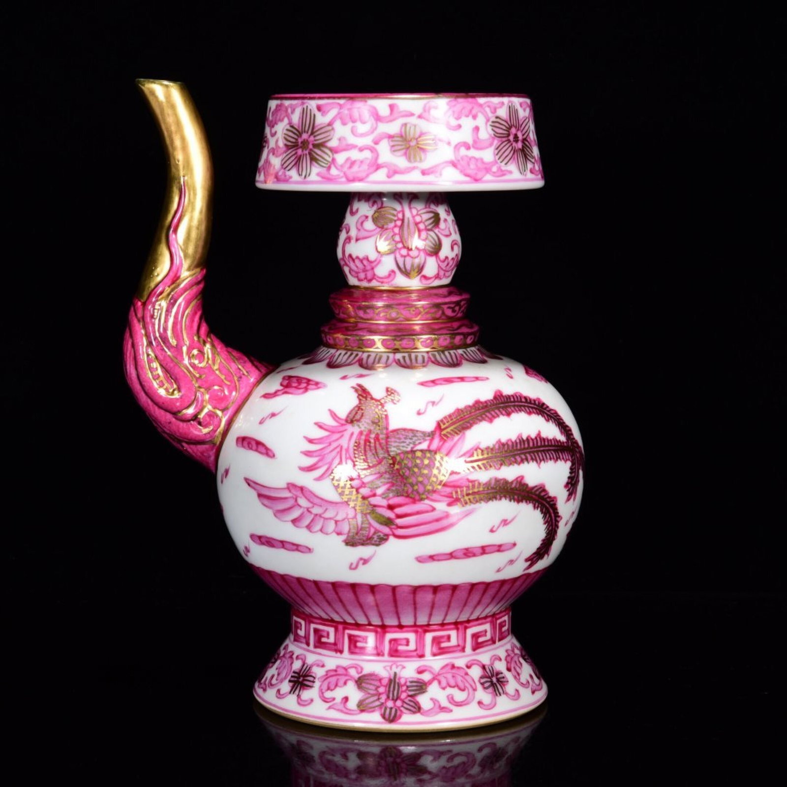 An Exquisite Ruby Red-Glazed Painted Gold Flower and Phoenix Pattern Pot: An Exquisite Ruby Red-Glazed Painted Gold Flower and Phoenix Pattern Pot,Qing Dynasty,China,Qianlong Six-character Mark,Size:7.9inx5.9in 胭脂红描金花卉凤