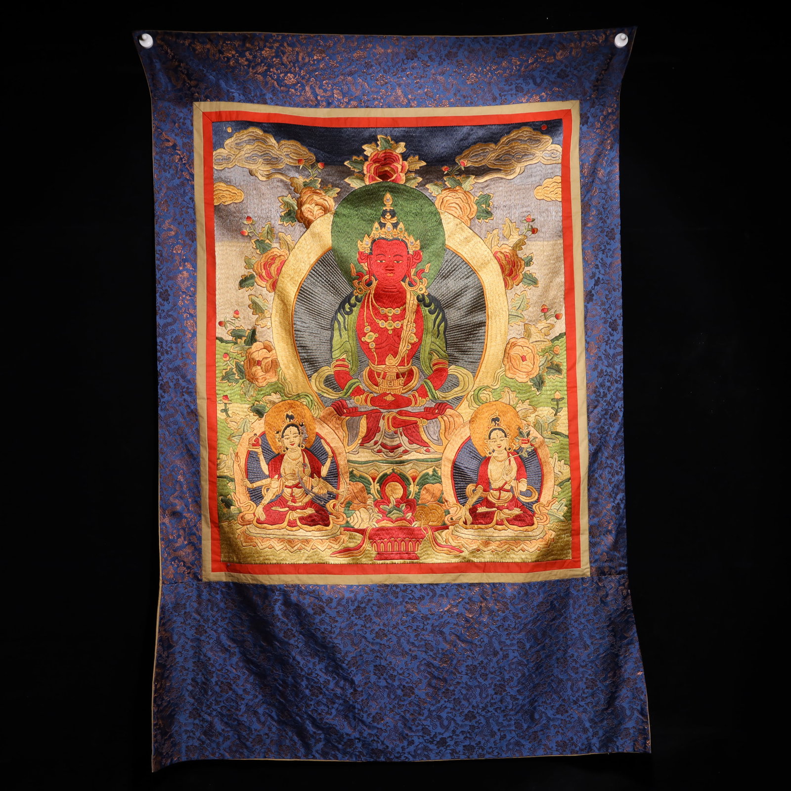 A Rare Brocade Embroidery Statue of Amitayus Tangka: A Rare Brocade Embroidery Statue of Amitayus Tangka,Qing Dynasty,China,Size:63inx43.3in