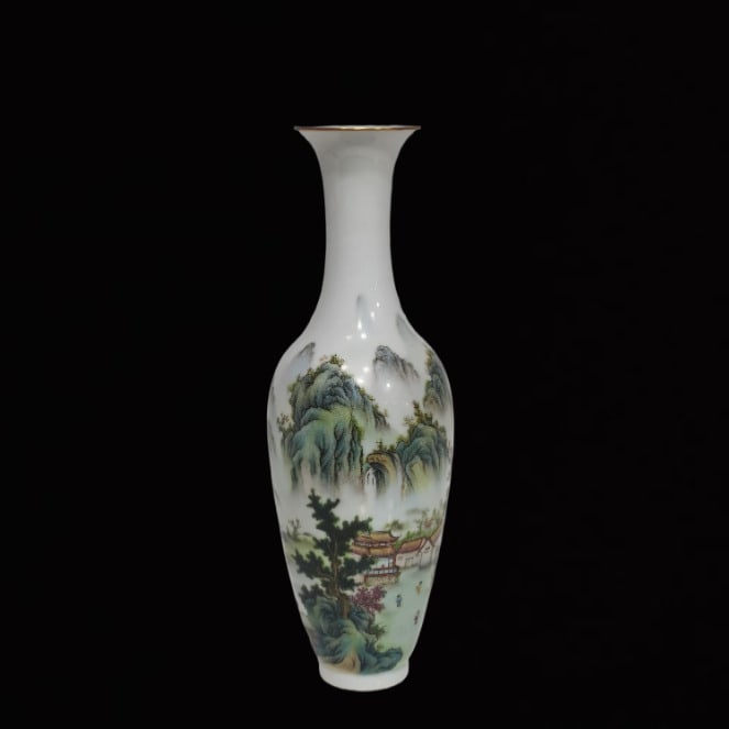 An Exquisite Famille-Rose Landscape and Figure Pattern Vase,with poem: An Exquisite Famille-Rose Landscape and Figure Pattern Vase,with poem,Qing Dynasty,China,Yongzheng Four-character Mark,Size:11.1inx3.9in 粉彩山水人物纹瓶