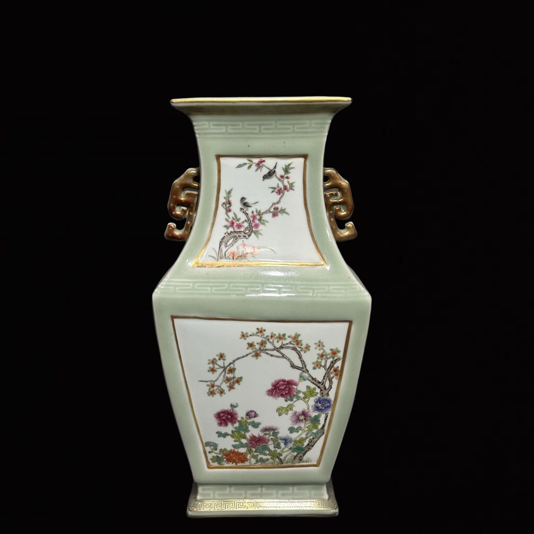A Huge Celadon Glazed Jiacai Flower and Bird Pattern Double-Ears Vase (1 of 11)