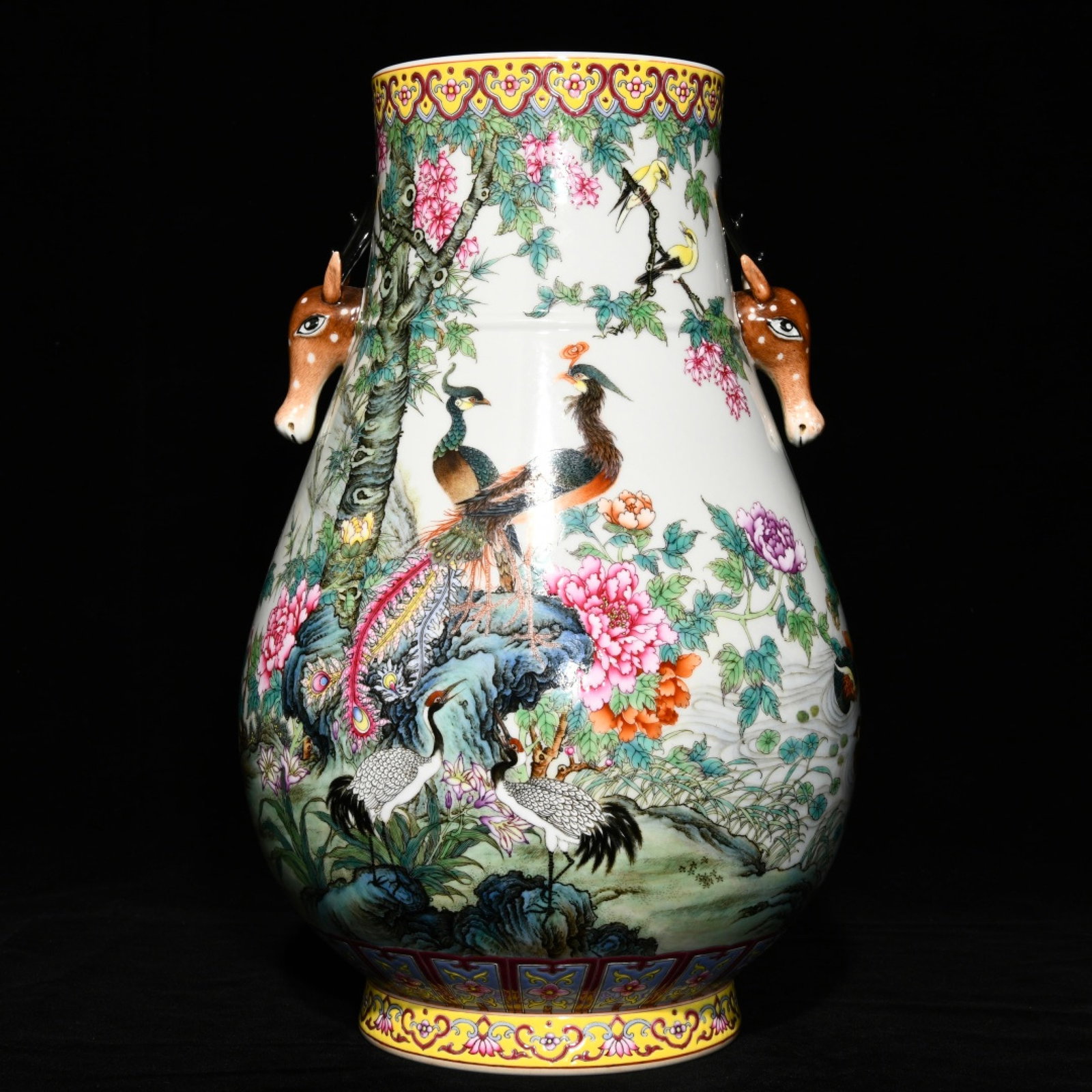 A Rare Famille-Rose Flower and Phoenix Pattern Deer-Ears Vase,with poem: A Rare Famille-Rose Flower and Phoenix Pattern Deer-Ears Vase,with poem,Qing Dynasty,China,Yongzheng Six-character Mark,Size:15.2inx9.8in 粉彩花卉凤纹鹿೑