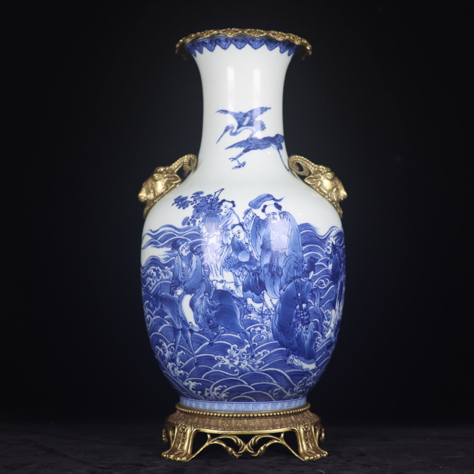 A Huge Blue and White Inlaid Bronze Seawater Figure Pattern Sheep-Ears Vase (1 of 9)