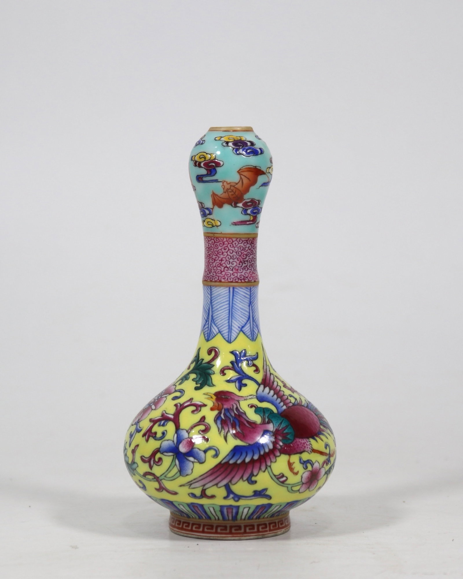 An Exquisite Yellow Ground Flower and Phoenix Pattern Vase: An Exquisite Yellow Ground Flower and Phoenix Pattern Vase,Qing Dynasty,China,Yongzheng Four-character Mark,Size:5.4inx2.8in 黄地花卉凤纹瓶,中国&#