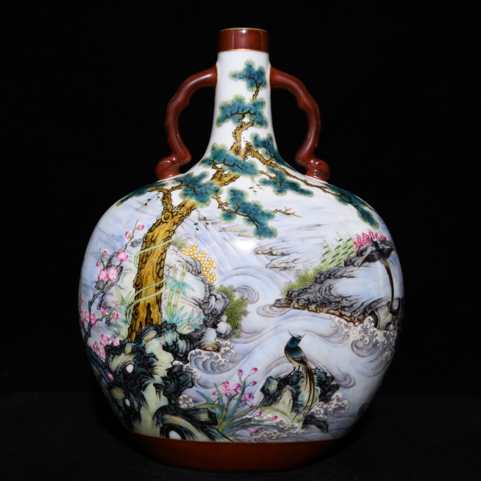 A Rare Famille-Rose Flower and Bird Pattern Double-Ears Vase,with poem: A Rare Famille-Rose Flower and Bird Pattern Double-Ears Vase,with poem,Qing Dynasty,China,Qianlong Six-character Mark,Size:12.8inx9.8in 粉彩花鸟纹双耳瓶