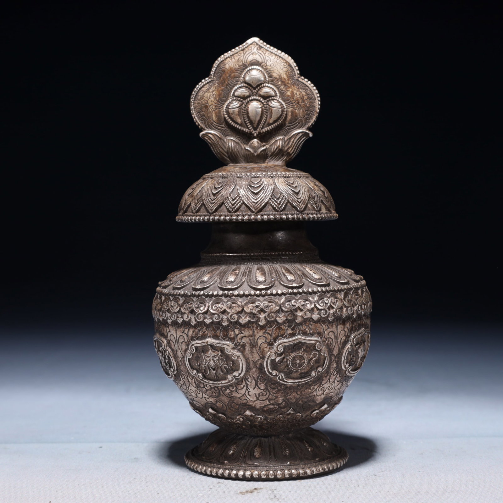 An Exquisite Silver-plated Bronze Eight Treasures Pattern Censer: An Exquisite Silver-plated Bronze Eight Treasures Pattern Censer,Qing Dynasty,China,Size:3.5inx7.5in,Weight:850g