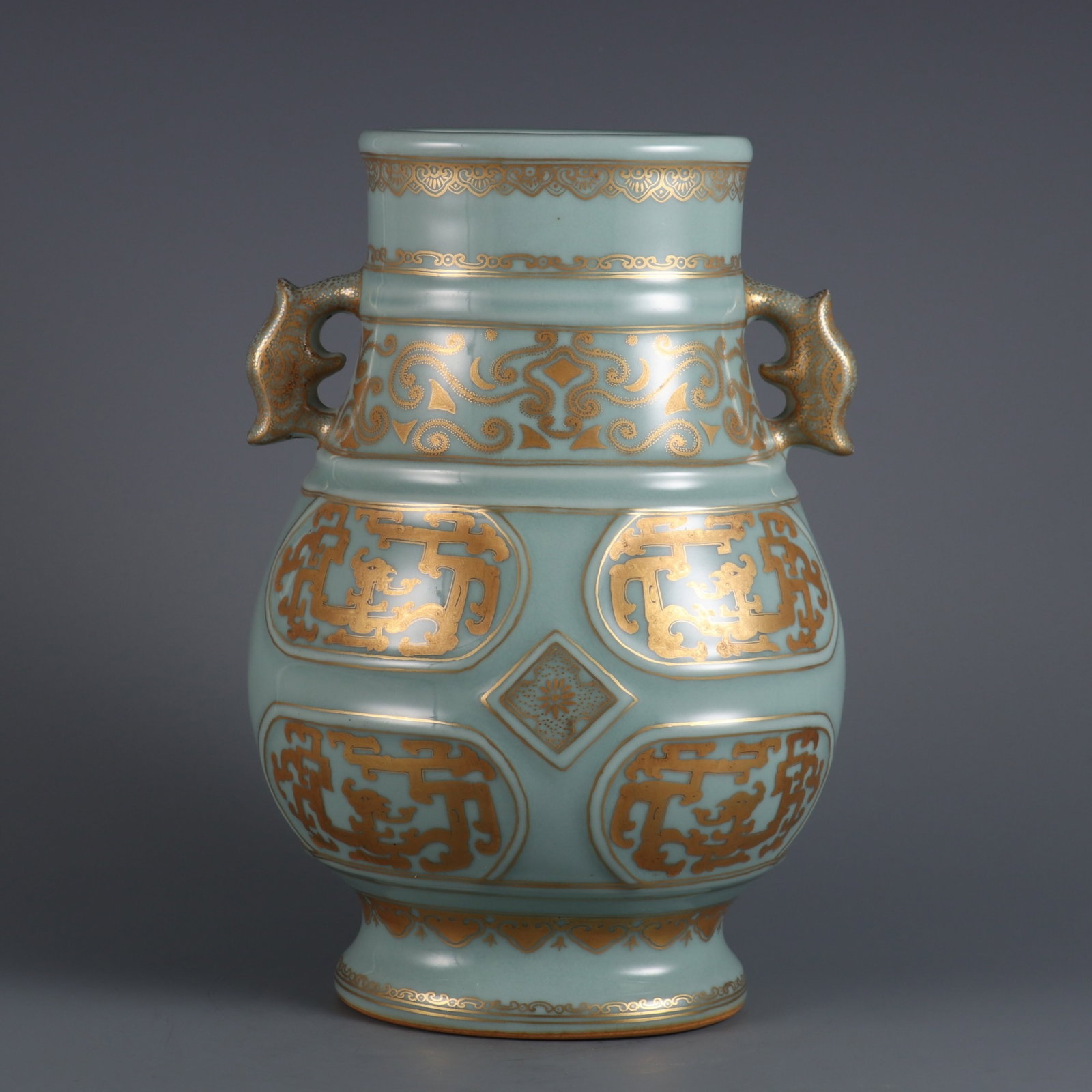 An Exquisite Celadon Glazed Painted Gold Phoenix Pattern Double-Ears Vase (1 of 9)