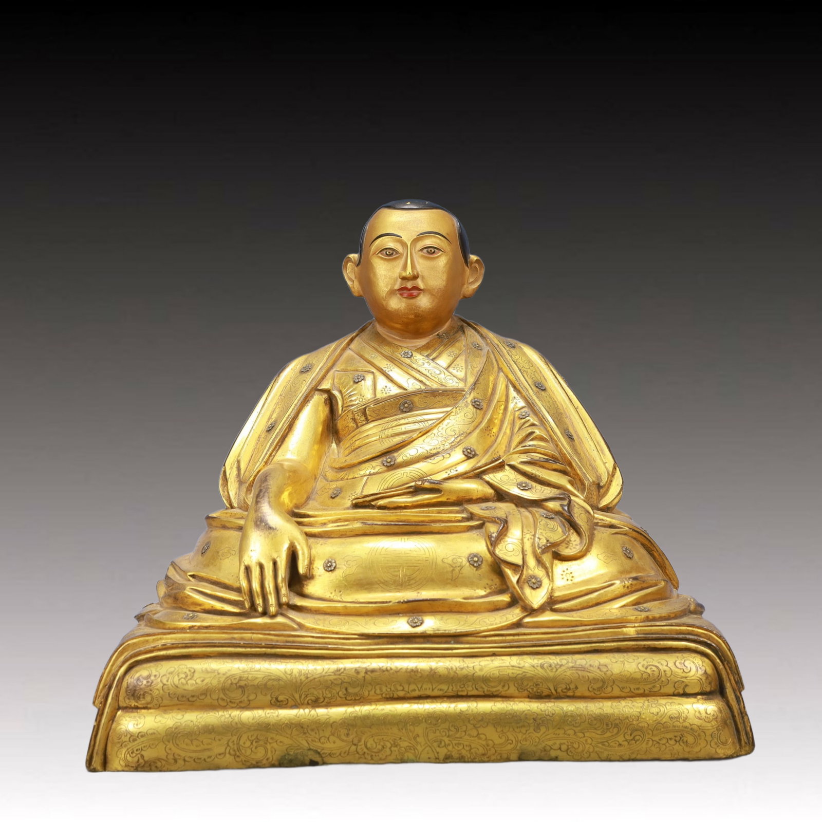 A Solemn Gilt Bronze Statue of Guru: A Solemn Gilt Bronze Statue of Guru,Ming Dynasty, China,Size:13.4inx10.6inx13in Weight:13900g 铜鎏金上师像,中国明代