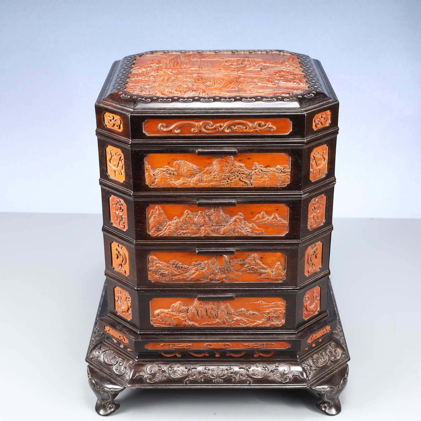 An Exquisite Zitanwood Inlaid Boxwood Landscape Pattern Cover Box (1 of 13)