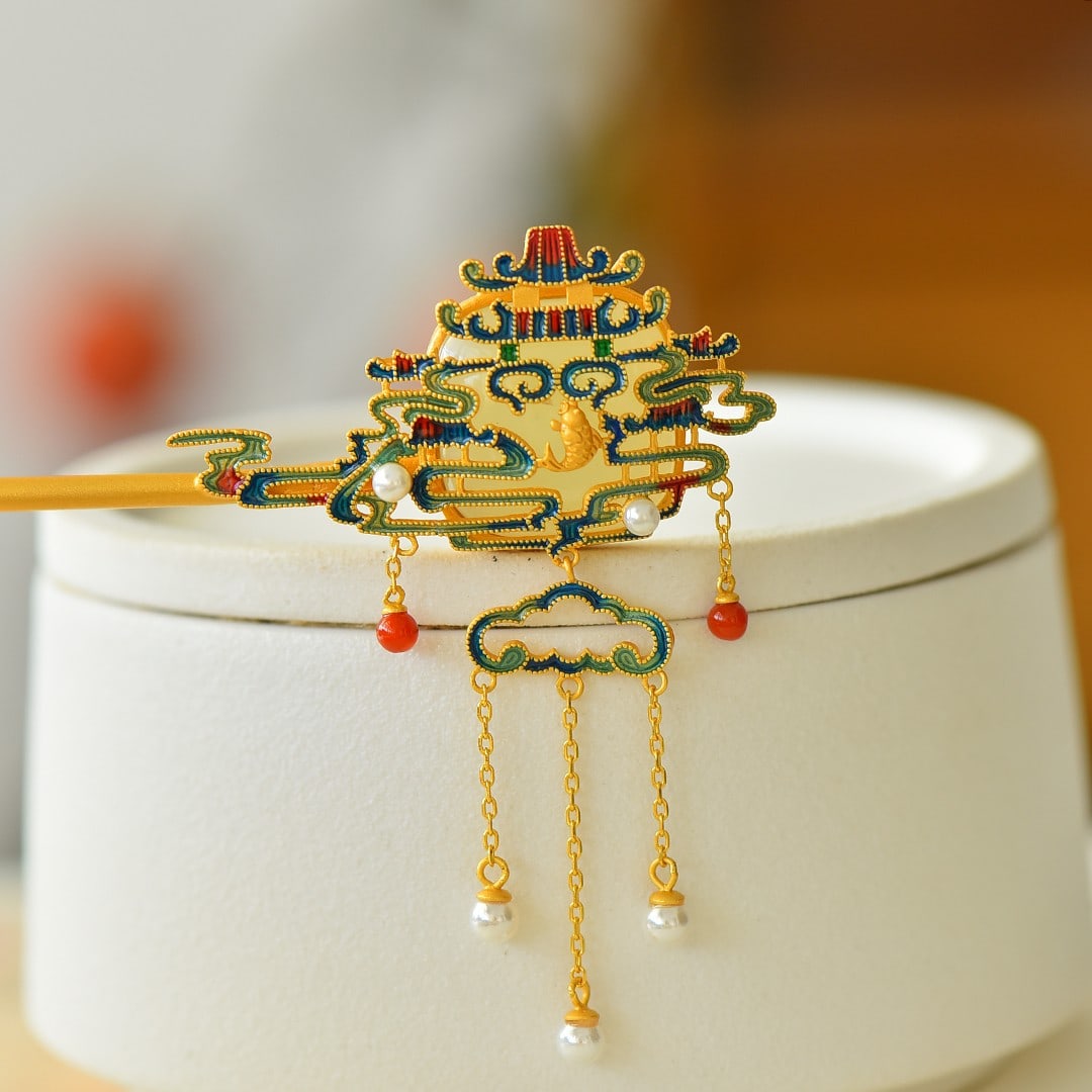 An Exquisite Sterling Silver-Gold Plated Inlaid White Jade Enamel Hairpin,Inlaid Pearl: An Exquisite Sterling Silver-Gold Plated Inlaid White Jade Enamel Hairpin,Inlaid Pearl,Size:0.8inx0.8in